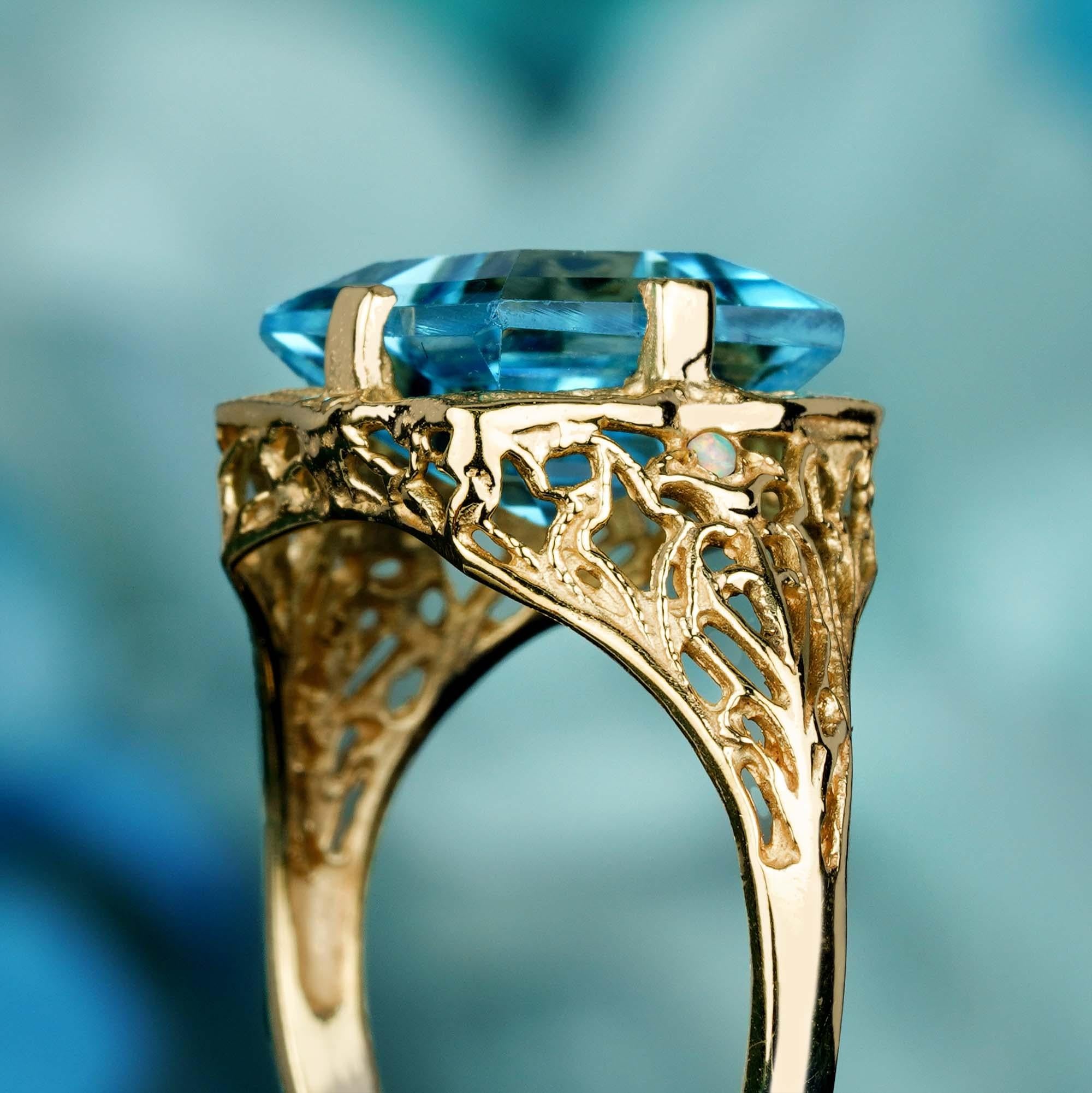 For Sale:  Natural Square Blue Topaz and Opal Vintage Style Filigree Ring in Solid 9K Gold 6