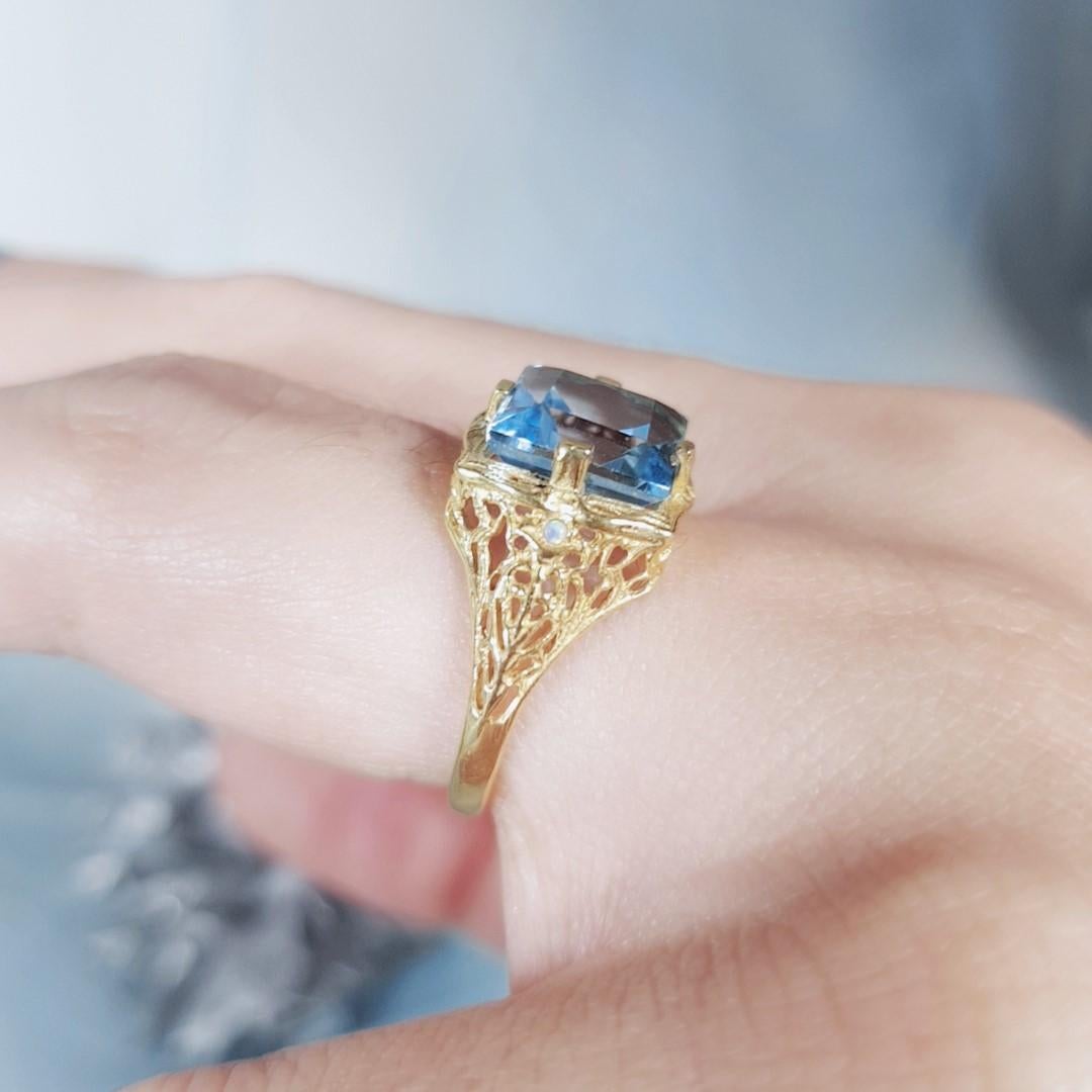 For Sale:  Natural Square Blue Topaz and Opal Vintage Style Filigree Ring in Solid 9K Gold 9