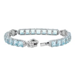 Natural Square Blue Topaz & Diamond 14K White Gold Tennis Line Bracelet