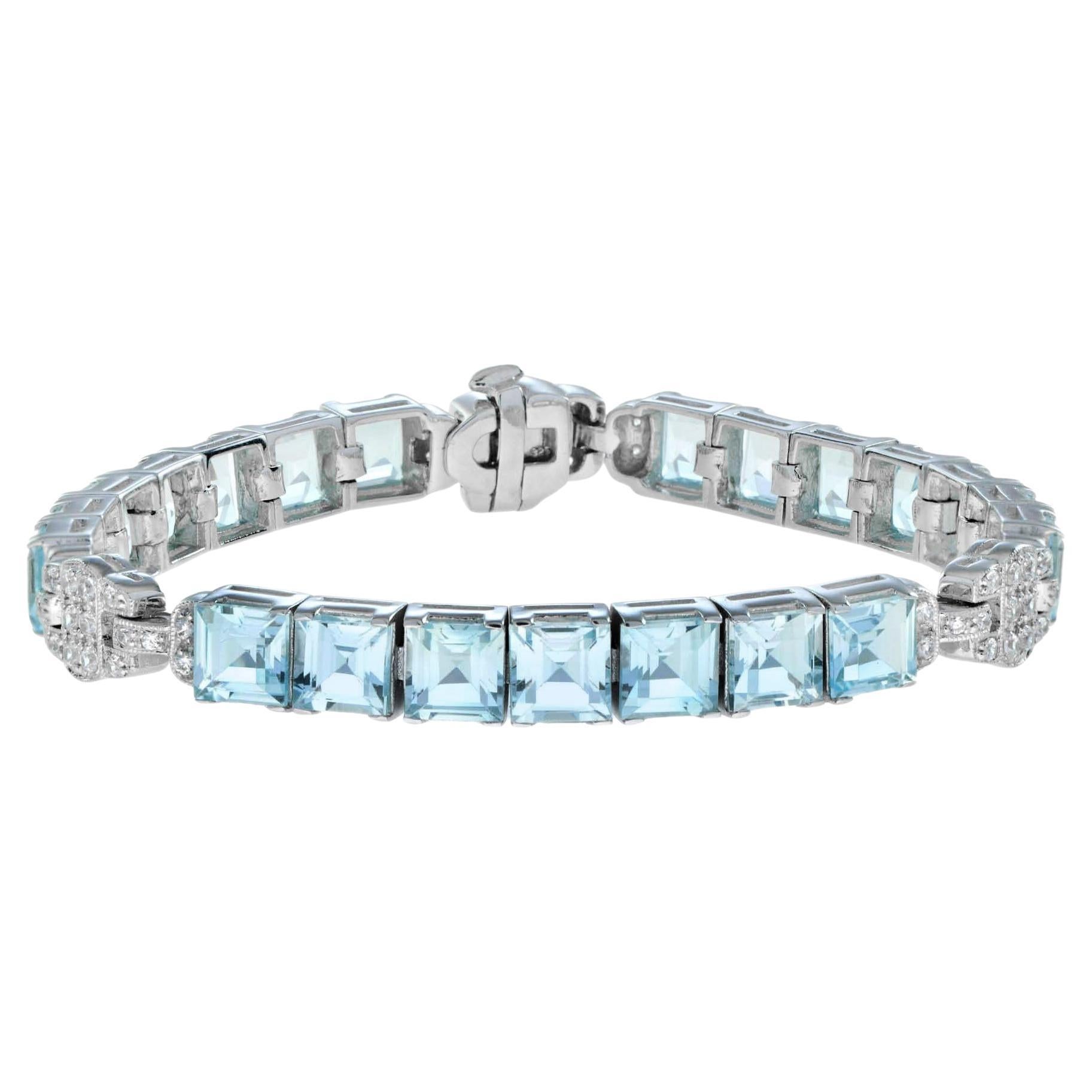 Bracelet de tennis en or blanc 14K avec topaze bleue carrée naturelle et diamant