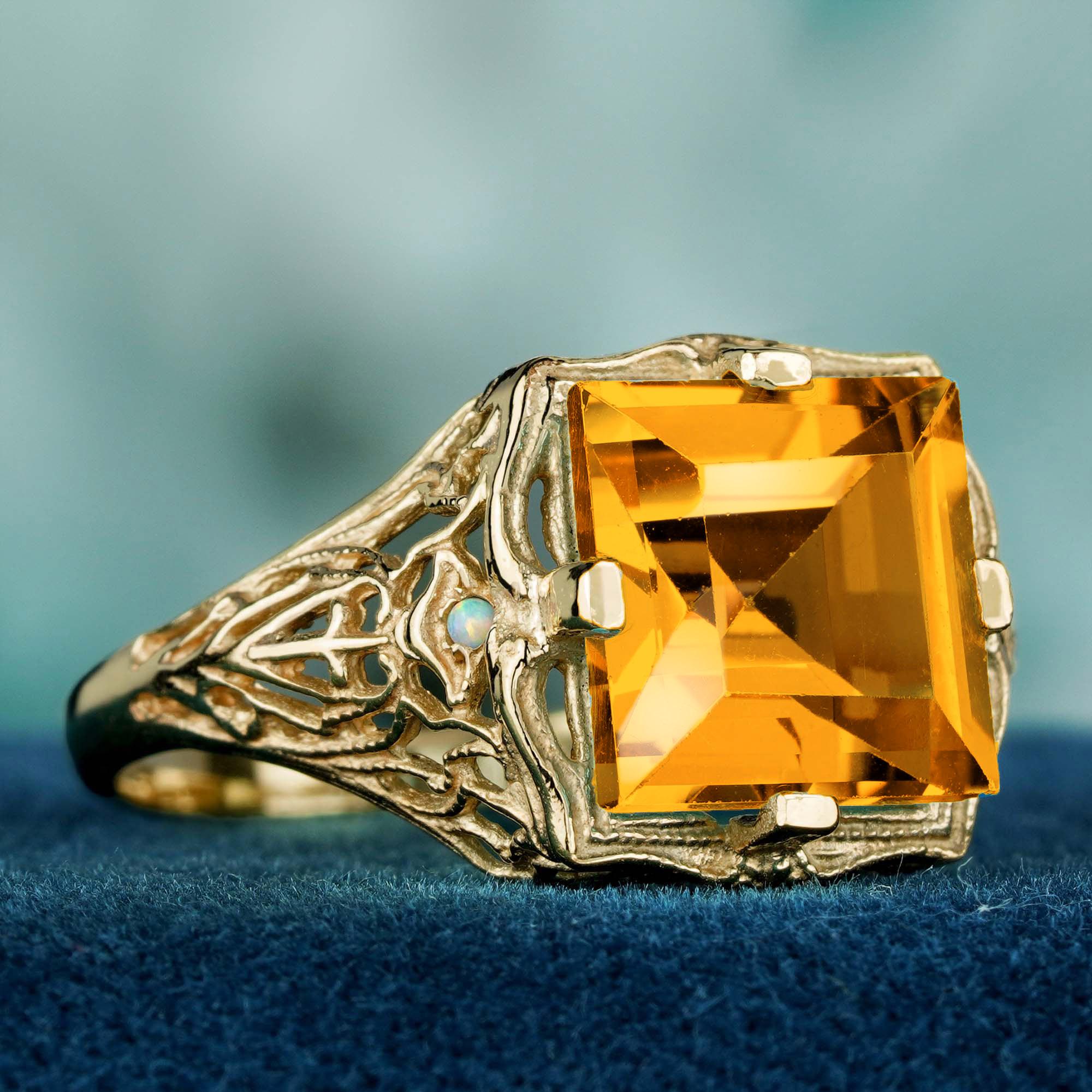 Discover the exquisite beauty of our natural square citrine vintage style filigree ring in solid yellow gold. This stunning piece features a radiant square citrine gemstone, expertly prong-set to ensure its brilliant sparkle catches the light