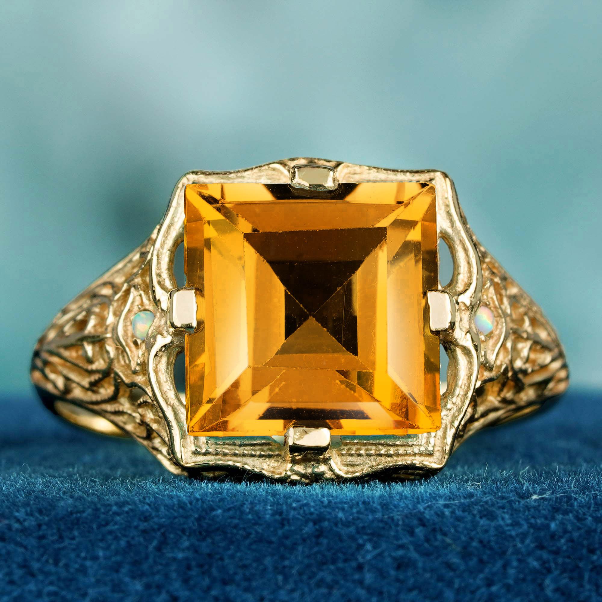Edwardian Natural Square Citrine Opal Vintage Style Filigree Ring in Solid 9K Yellow Gold For Sale