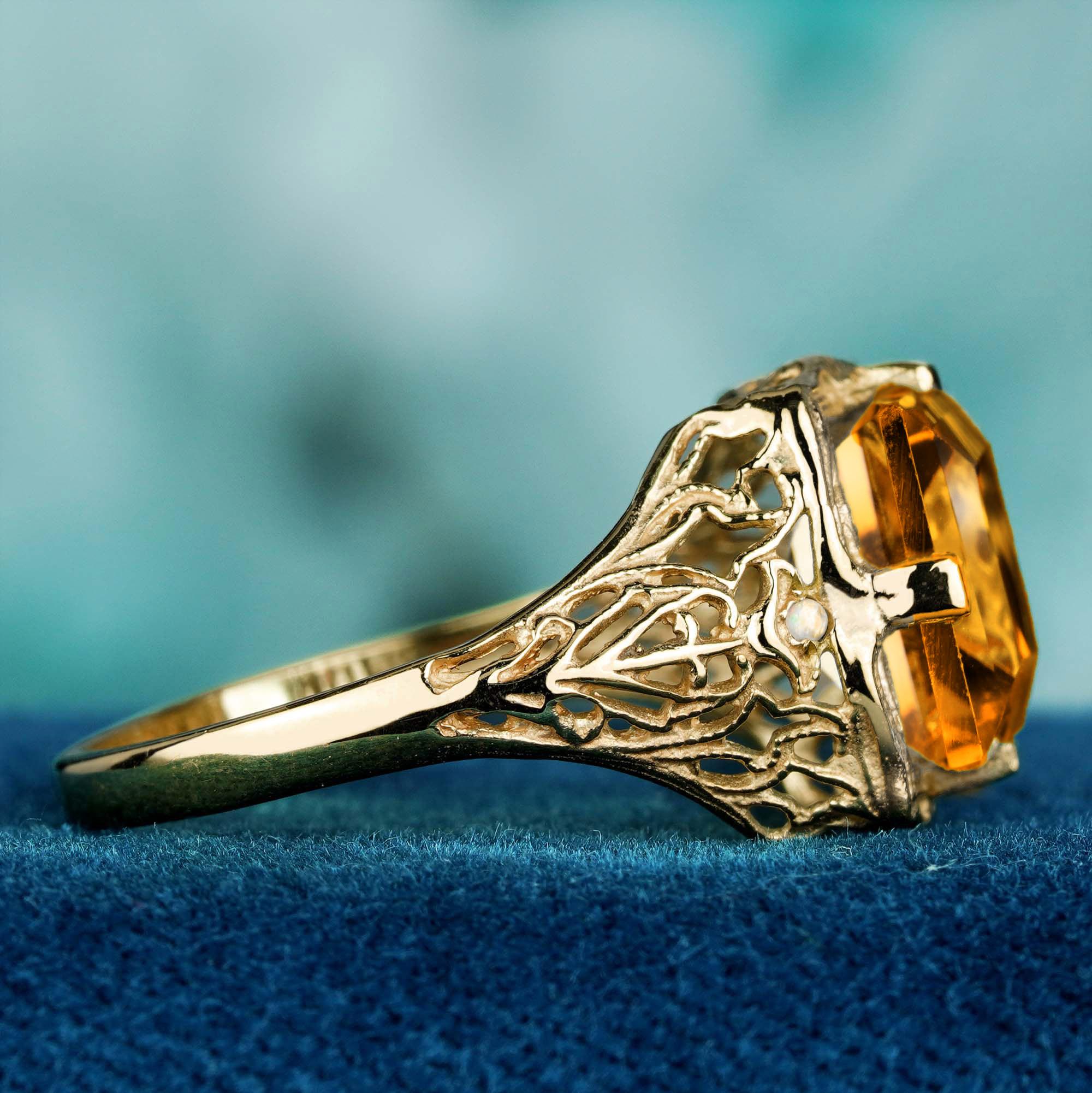 Emerald Cut Natural Square Citrine Opal Vintage Style Filigree Ring in Solid 9K Yellow Gold For Sale