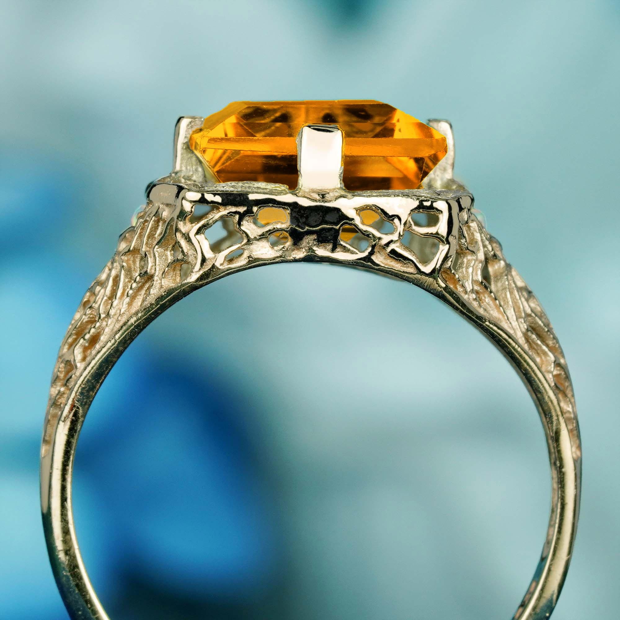 Natural Square Citrine Opal Vintage Style Filigree Ring in Solid 9K Yellow Gold In New Condition For Sale In Bangkok, TH