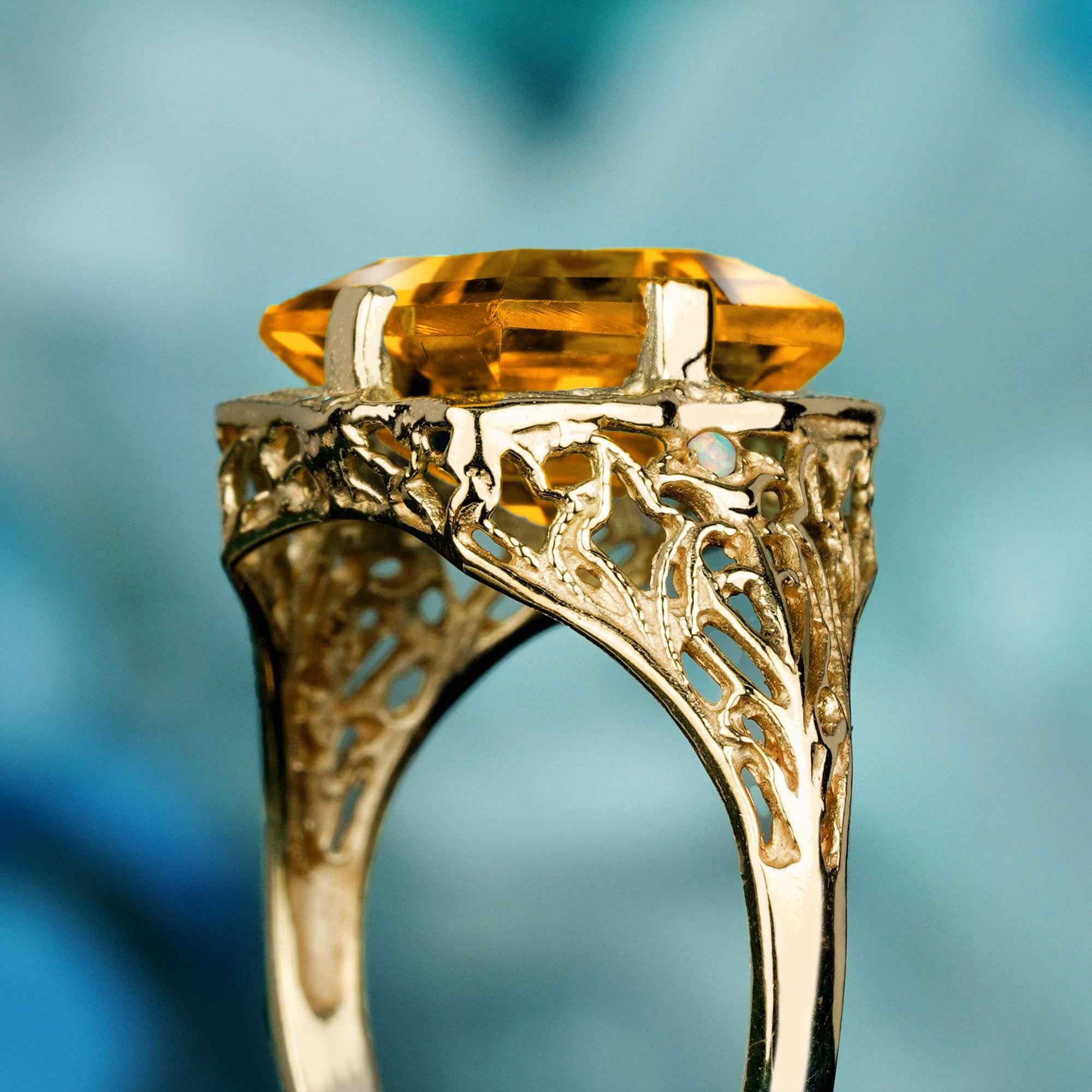 Women's Natural Square Citrine Opal Vintage Style Filigree Ring in Solid 9K Yellow Gold For Sale