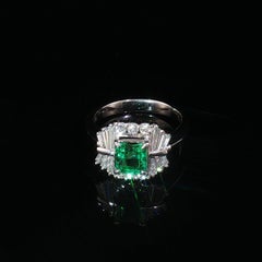 Natural Square Colombian Emerald Round/Baguette Diamond Platinum Ring Sz 6