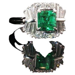 Natural Square Colombian Emerald Round/Baguette Diamond Platinum Ring Sz 6