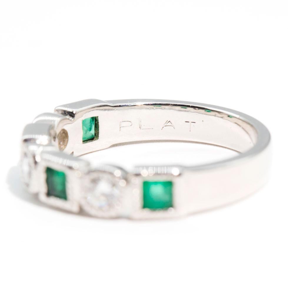 Natural Square Cut Emerald and Round White Diamond Vintage Platinum Band Ring 5