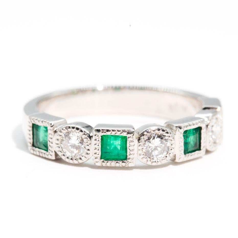 Natural Square Cut Emerald and Round White Diamond Vintage Platinum Band Ring 6