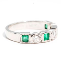 Natural Square Cut Emerald and Round White Diamond Vintage Platinum Band Ring