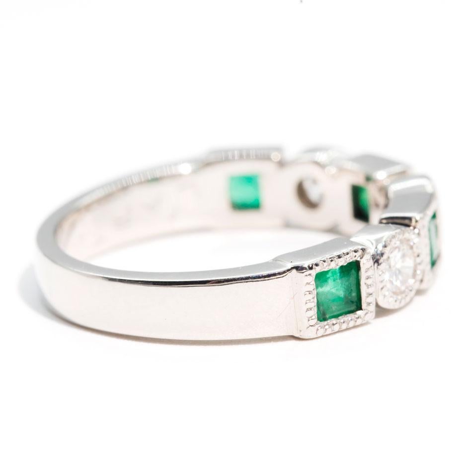 Natural Square Cut Emerald and Round White Diamond Vintage Platinum Band Ring In Good Condition In Hamilton, AU