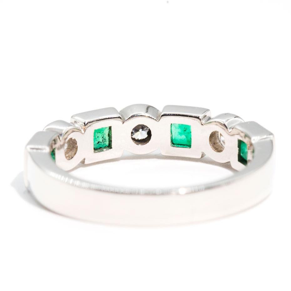 Natural Square Cut Emerald and Round White Diamond Vintage Platinum Band Ring 1