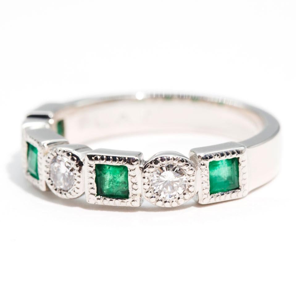 Natural Square Cut Emerald and Round White Diamond Vintage Platinum Band Ring 2