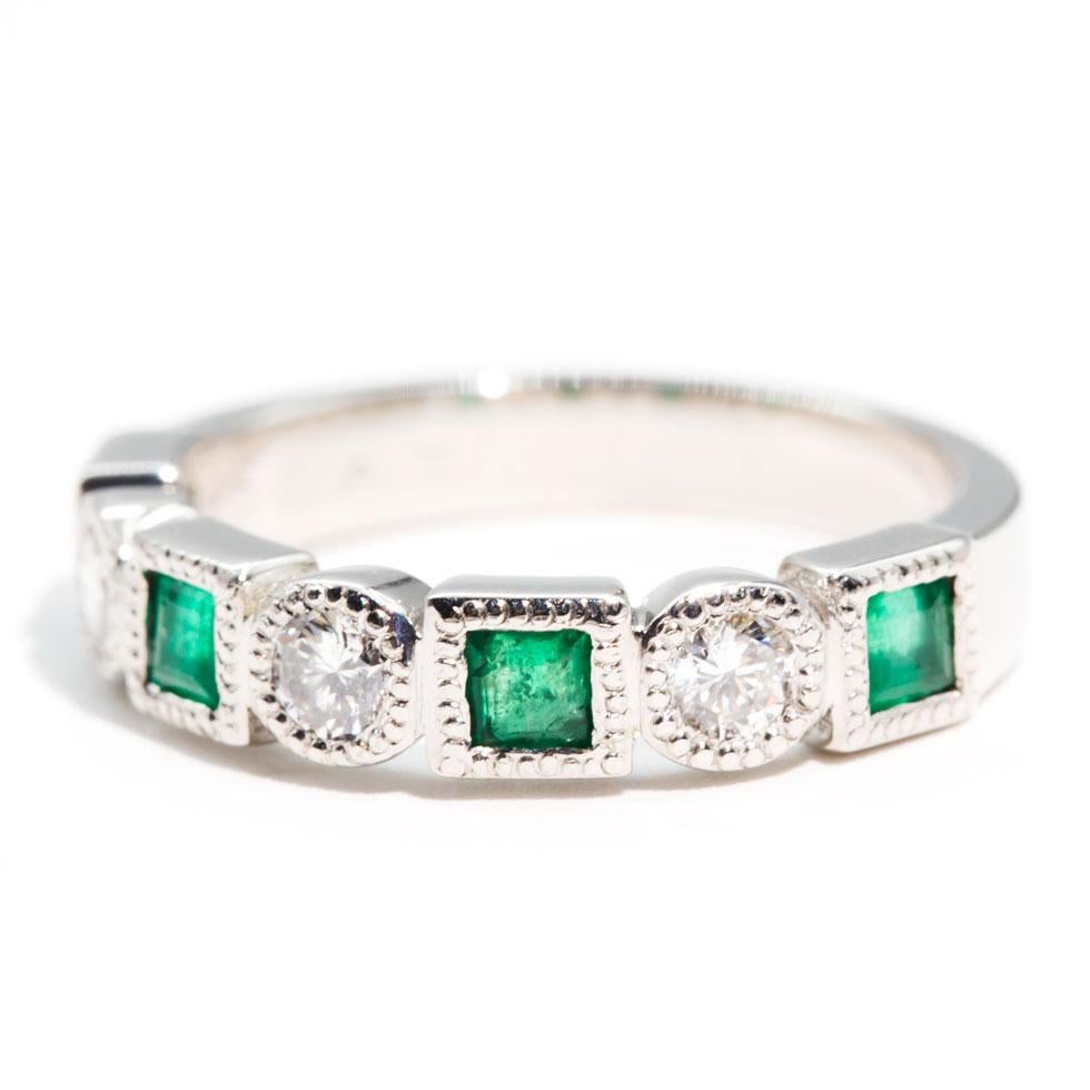 Natural Square Cut Emerald and Round White Diamond Vintage Platinum Band Ring 4
