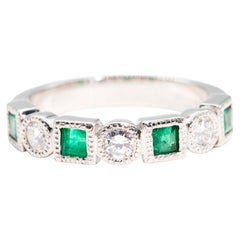 Natural Square Cut Emerald and Round White Diamond Vintage Platinum Band Ring
