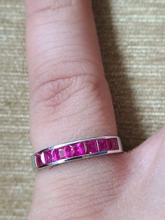 Natural Square Cut Mozambique Ruby Band/ Cluster Ring Set in 18K White Gold