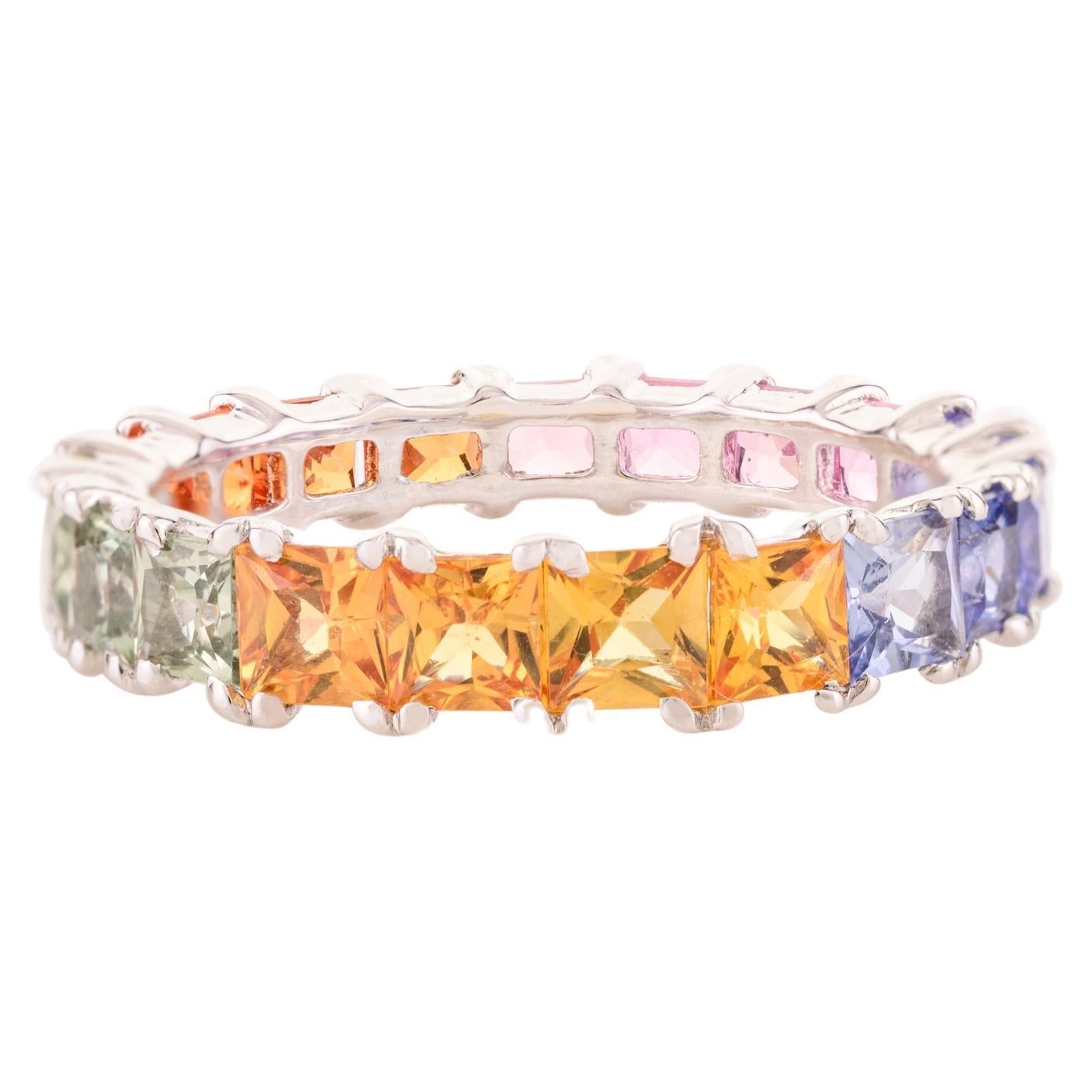 Square Multi Sapphire Stackable Eternity Engagement Band in 14k Solid White Gold