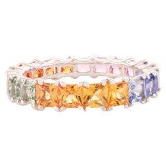 Square Multi Sapphire Stackable Eternity Engagement Band in 14k Solid White Gold
