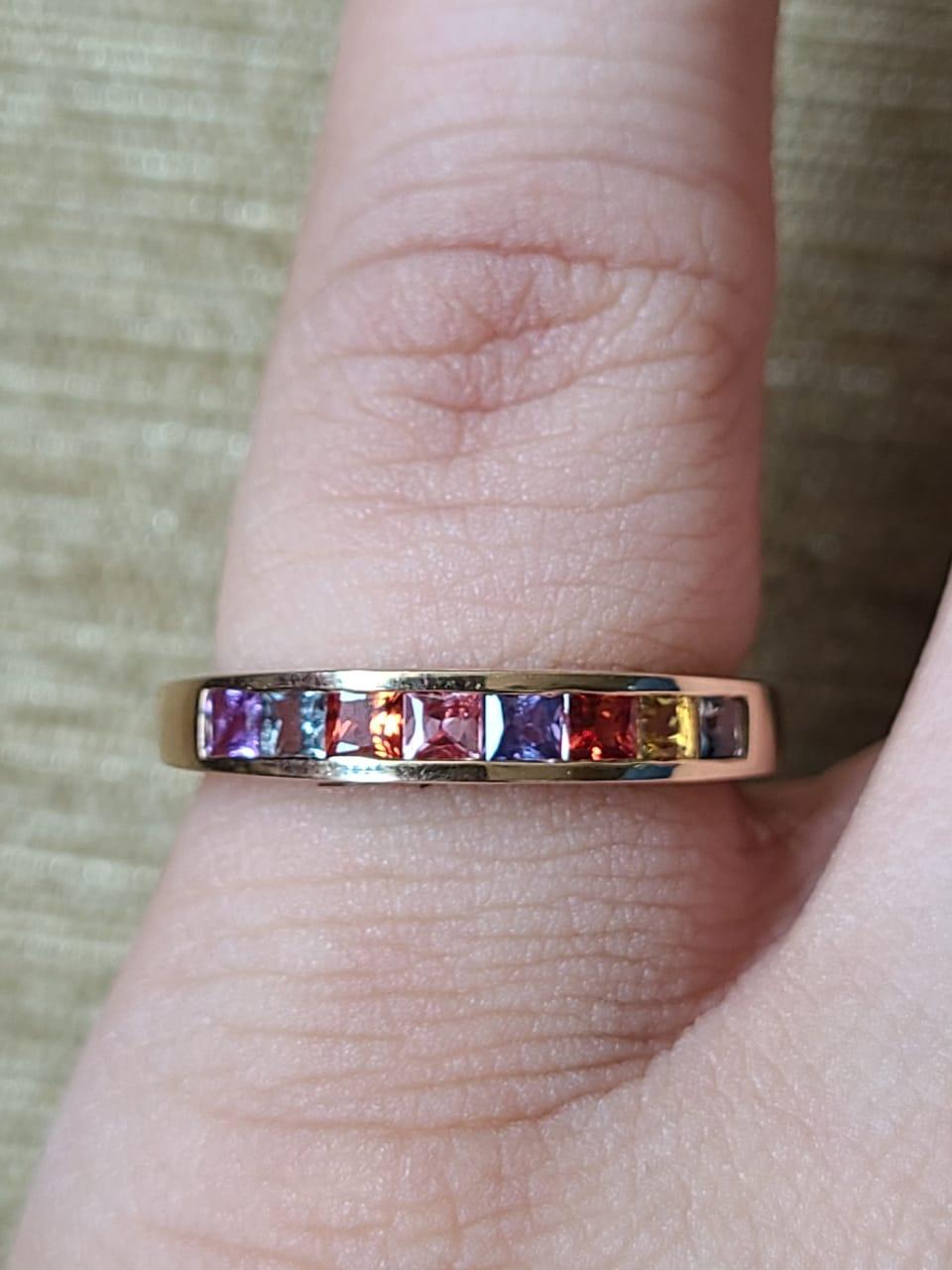 Modern Natural Square Cut Multi Sapphires Band / Wedding Ring Set in 18K White Gold For Sale