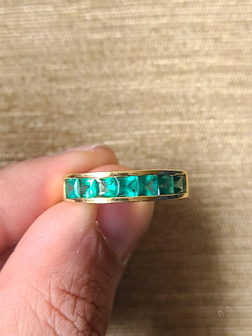 Art Deco Natural, Square Cut Zambian Emerald Band/ Wedding Ring Set in 18k Yellow Gold