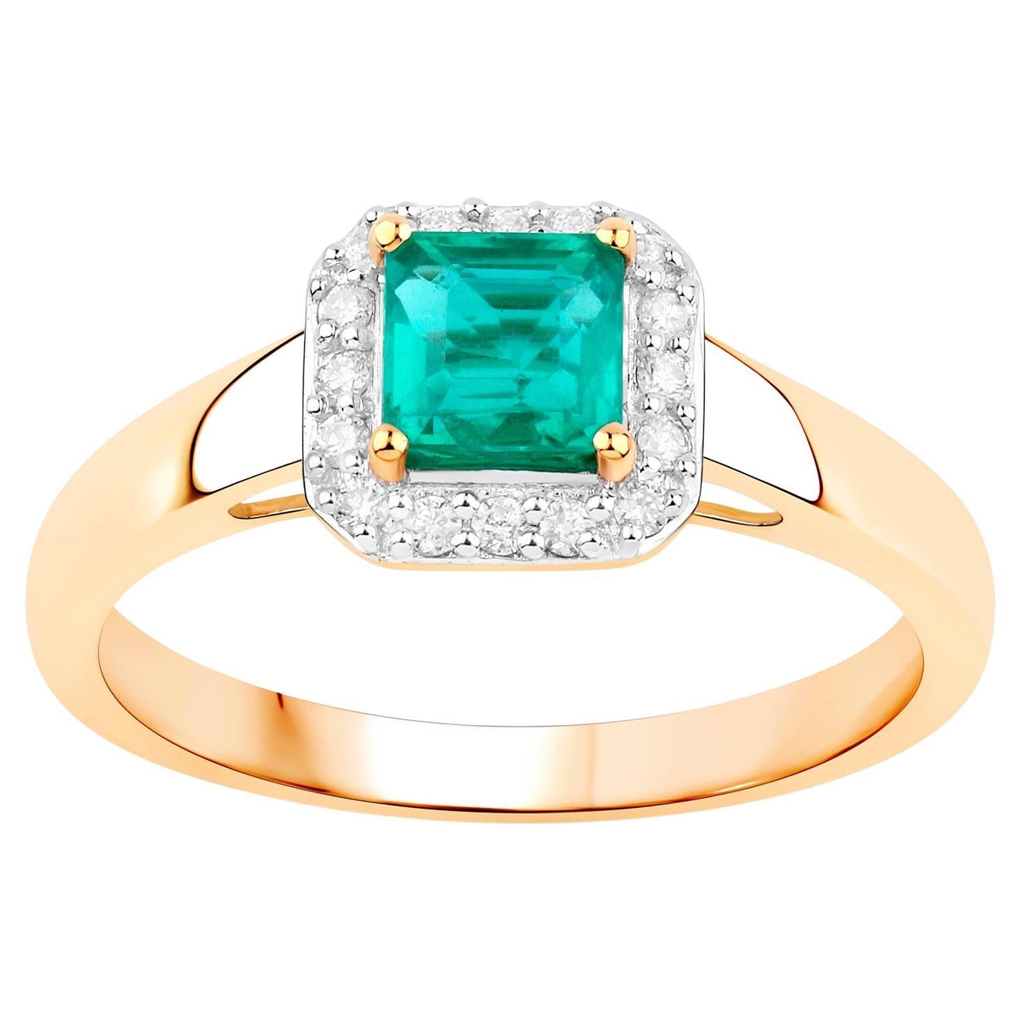 Natural Square Cut Zambian Emerald Ring Diamond Halo 14K Yellow Gold For Sale