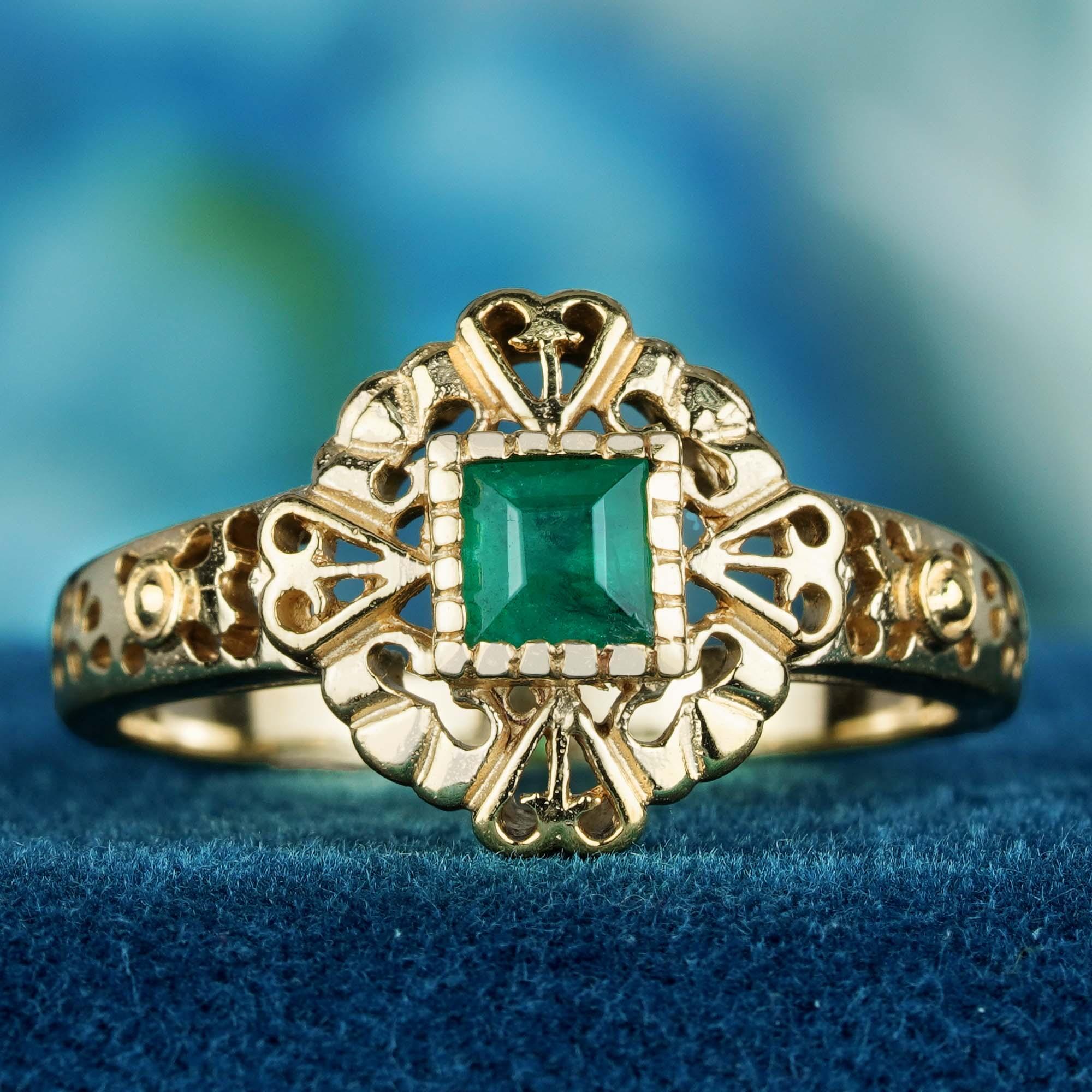 For Sale:  Natural Square Emerald Vintage Style Solitaire Heart Filigree Ring in 9K Gold 2