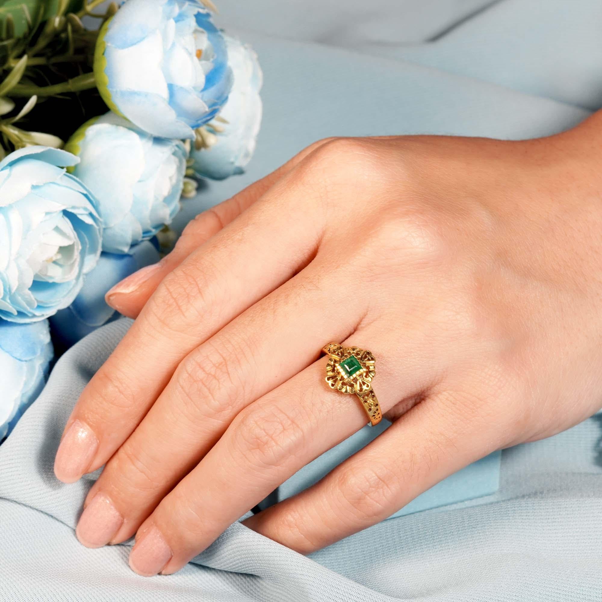 For Sale:  Natural Square Emerald Vintage Style Solitaire Heart Filigree Ring in 9K Gold 8
