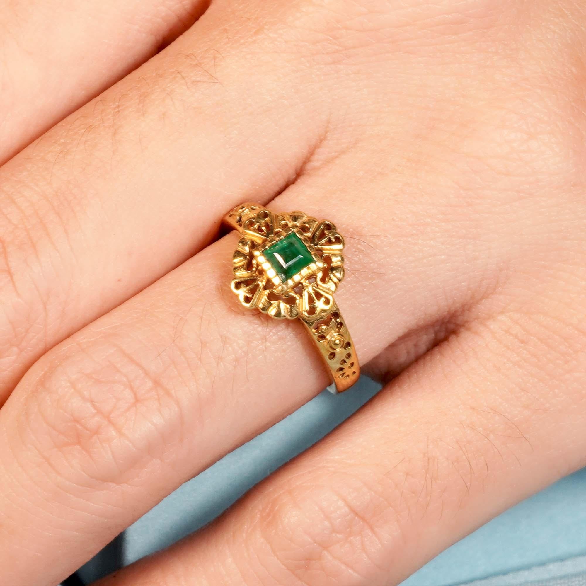 For Sale:  Natural Square Emerald Vintage Style Solitaire Heart Filigree Ring in 9K Gold 9