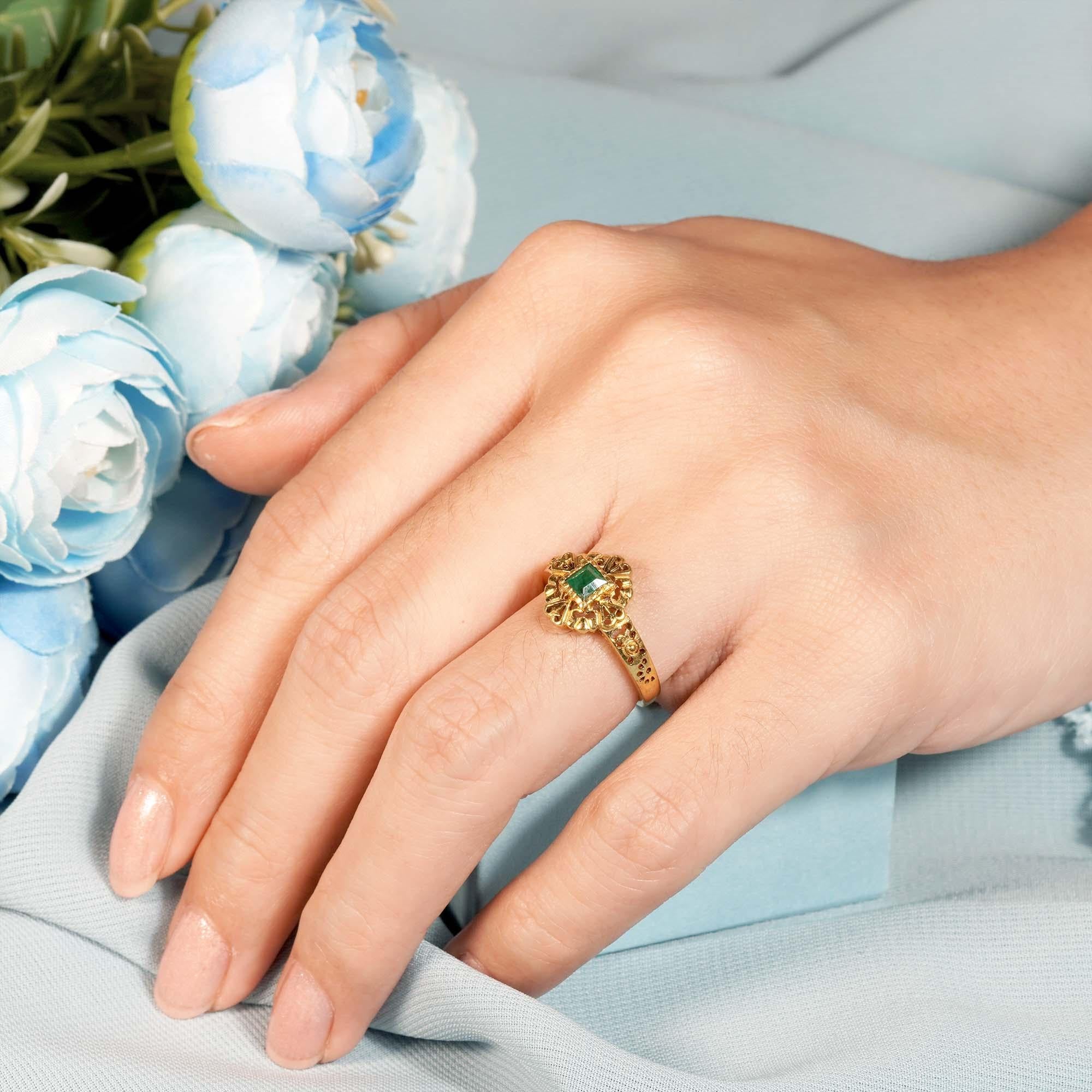 For Sale:  Natural Square Emerald Vintage Style Solitaire Heart Filigree Ring in 9K Gold 10