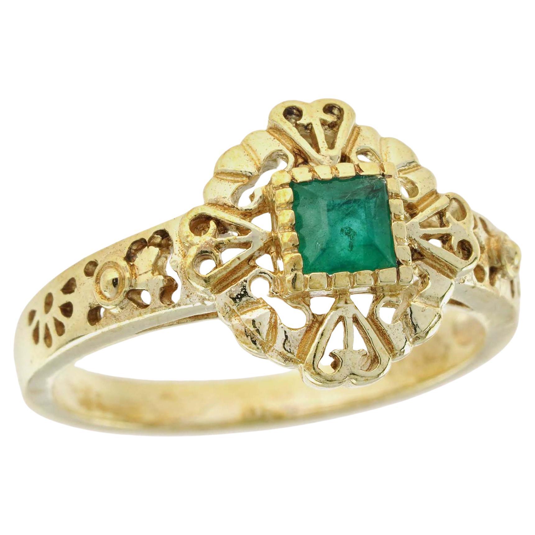Natural Square Emerald Vintage Style Solitaire Heart Filigree Ring in 9K Gold