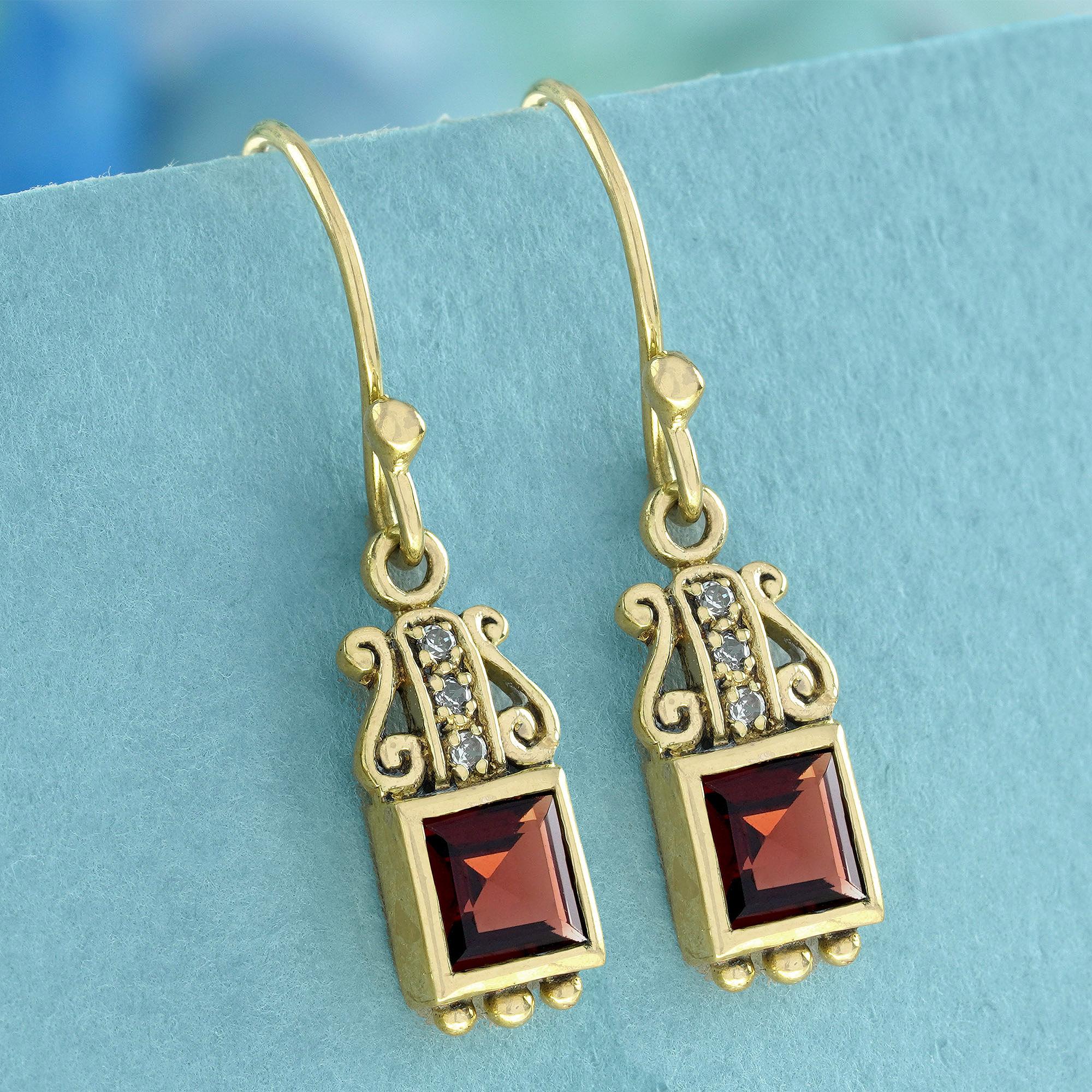 Edwardian Natural Square Garnet and Diamond Vintage Style Drop Earrings in Solid 9K Gold For Sale