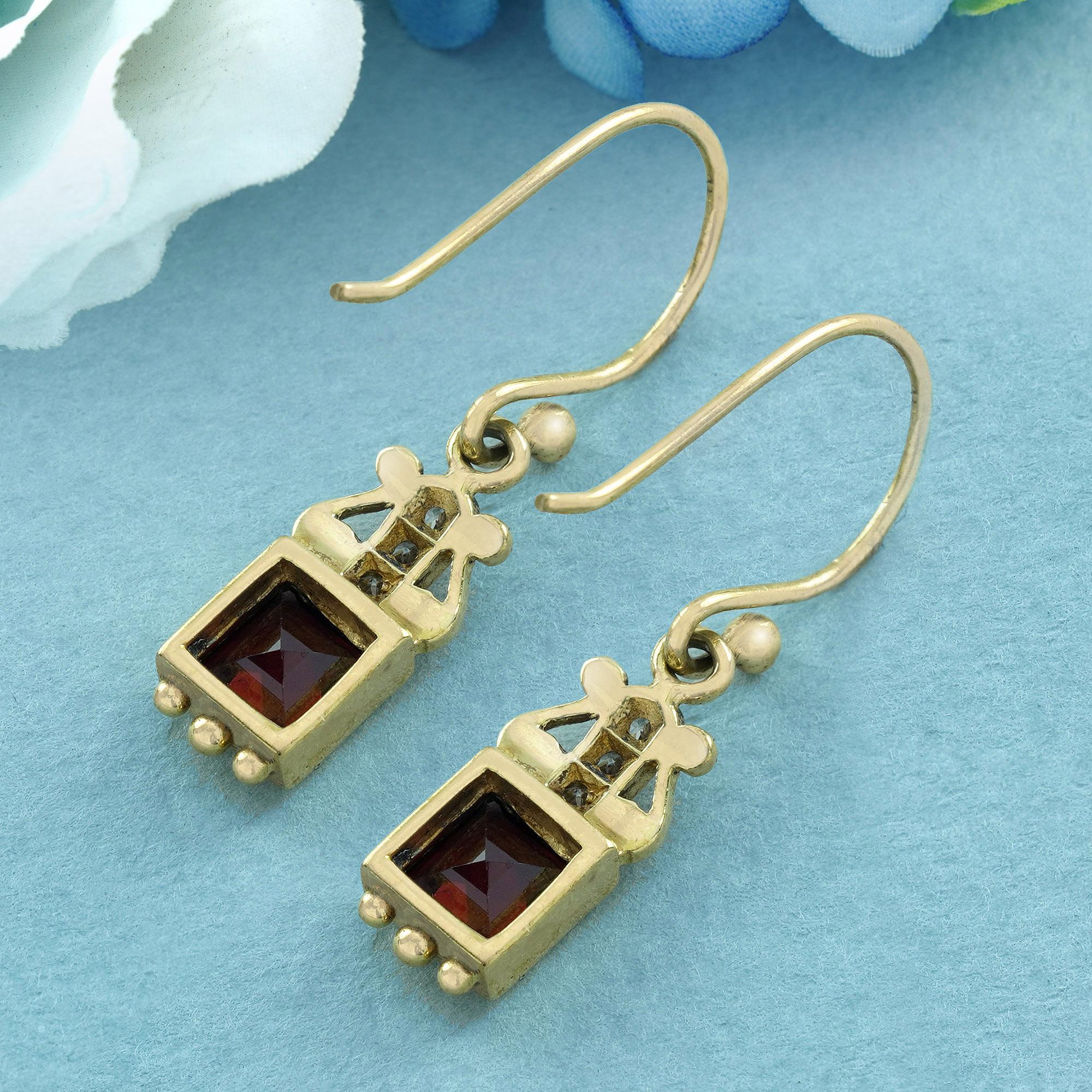 Square Cut Natural Square Garnet and Diamond Vintage Style Drop Earrings in Solid 9K Gold For Sale