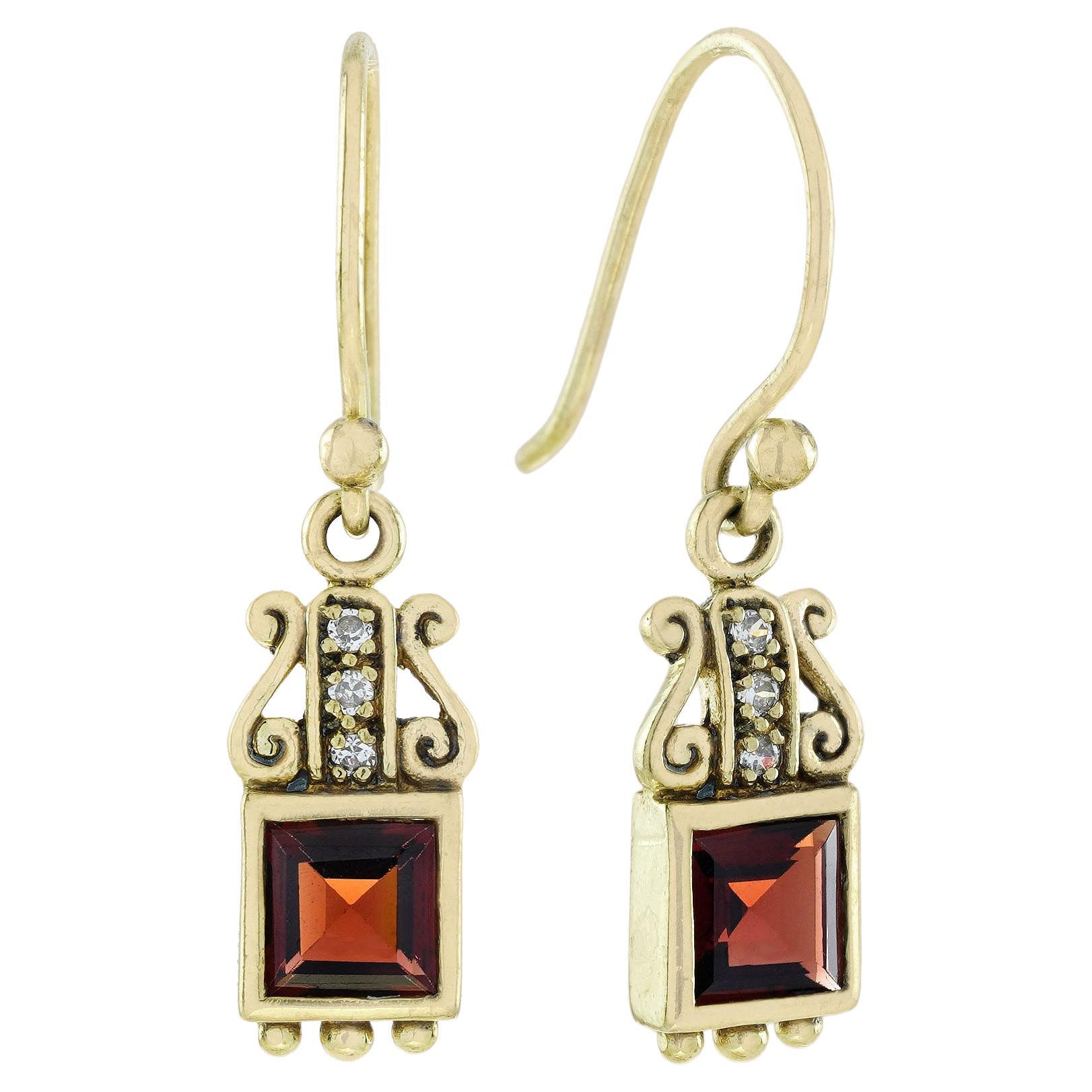 Natural Square Garnet and Diamond Vintage Style Drop Earrings in Solid 9K Gold For Sale