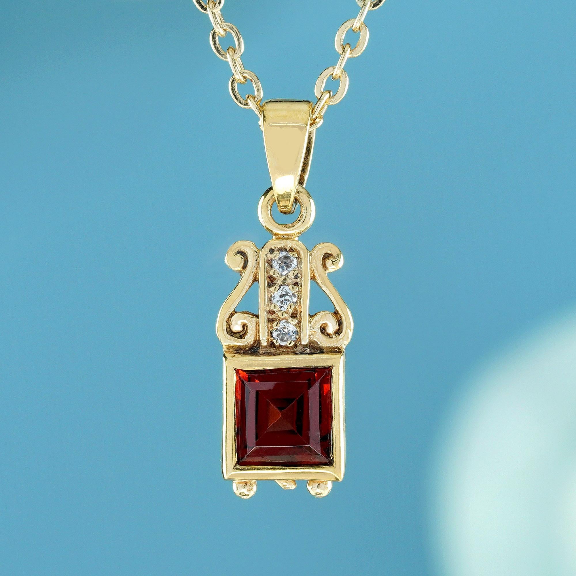 The pendant crafted from solid yellow gold, which gives it a warm, classic look. The delicate curved gold is set with cascade small round diamonds to create a sparkling line above the square-cut garnet set within a bezel setting, the garnet captures