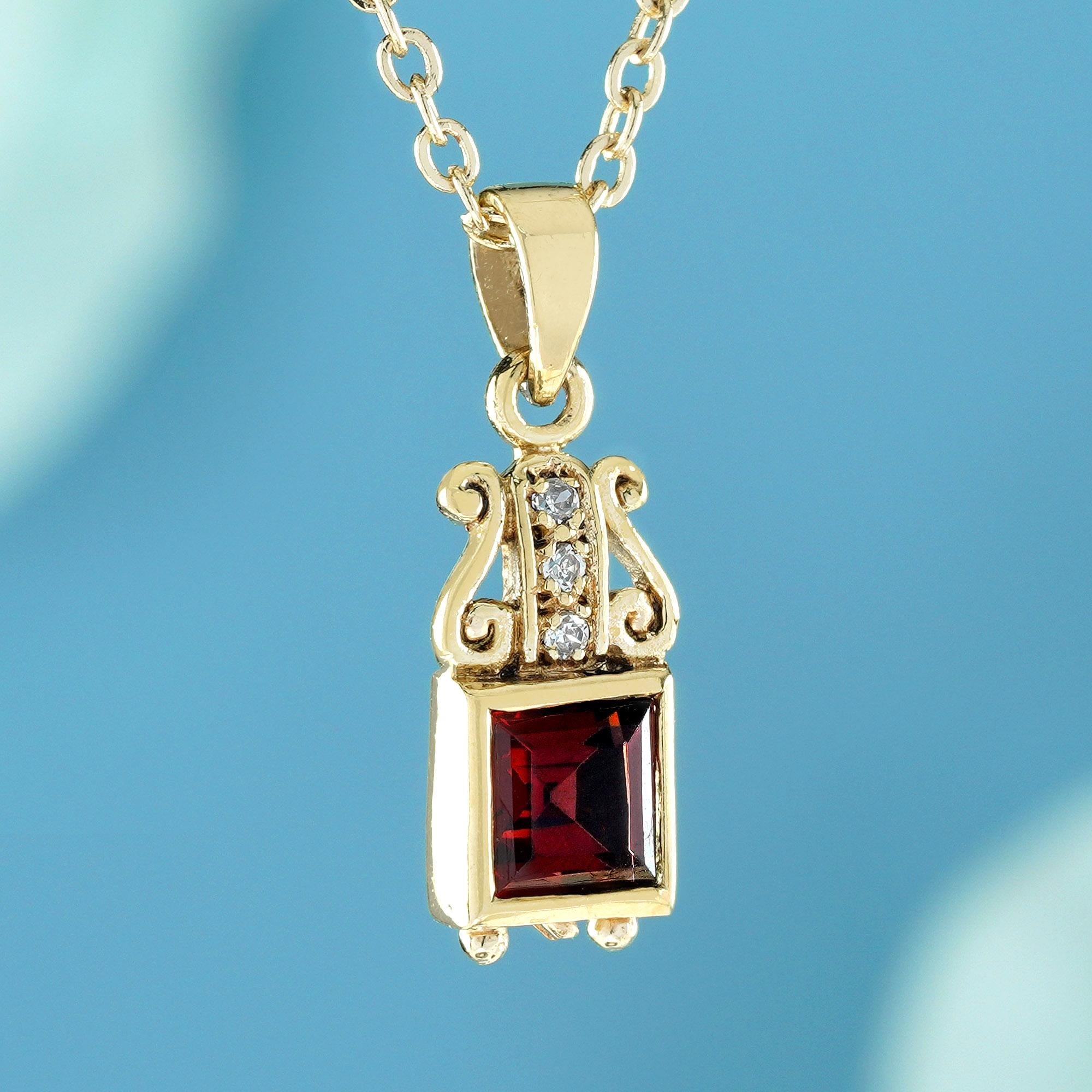 Edwardian Natural Square Garnet and Diamond Vintage Style Pendant in Solid 9K Yellow Gold For Sale