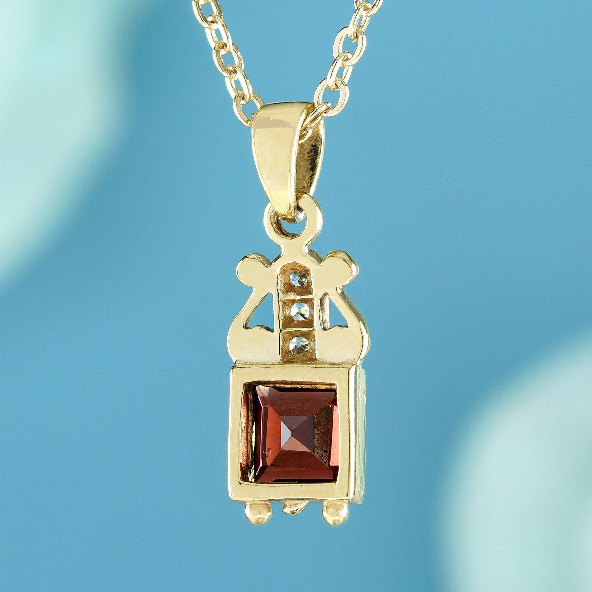 Square Cut Natural Square Garnet and Diamond Vintage Style Pendant in Solid 9K Yellow Gold For Sale
