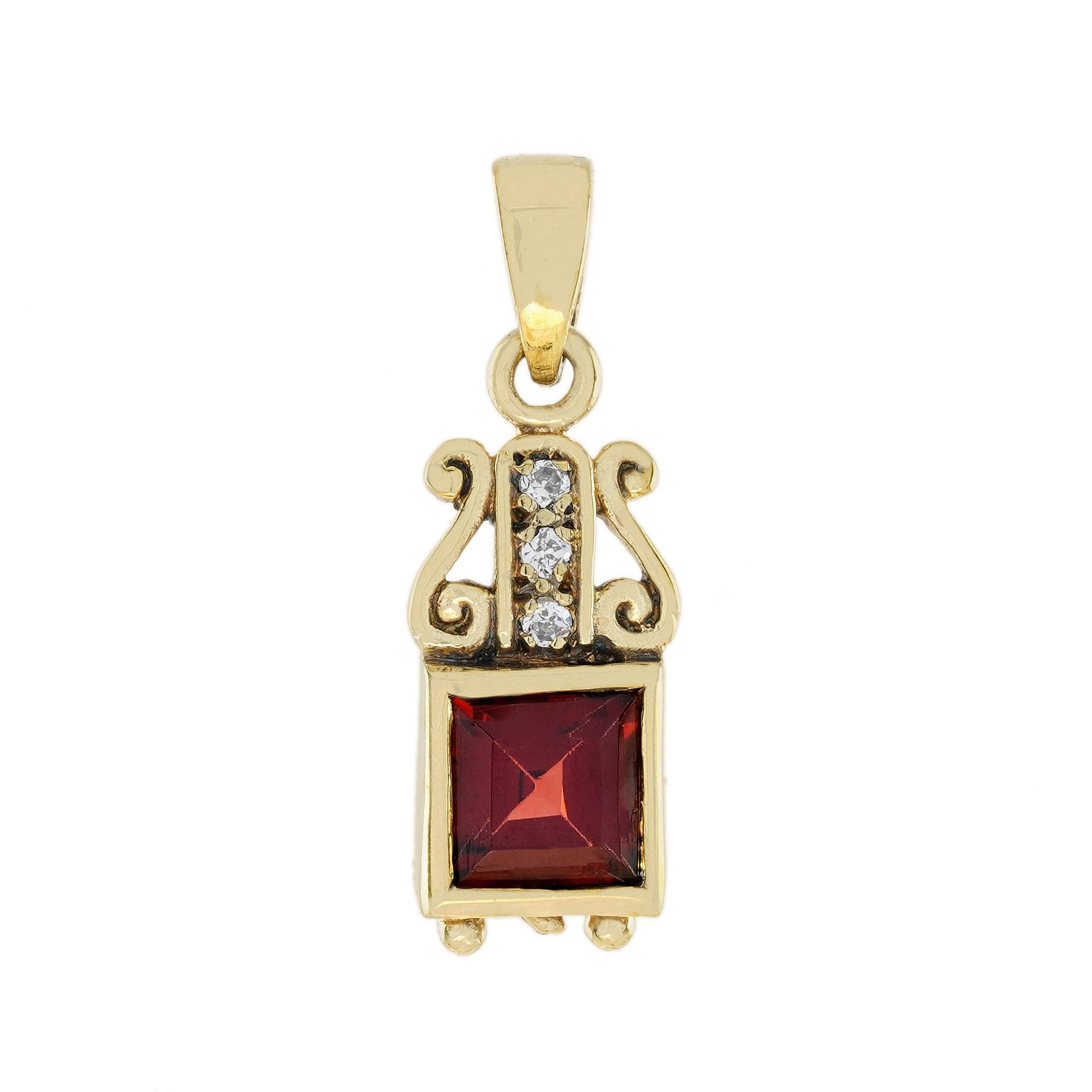 Natural Square Garnet and Diamond Vintage Style Pendant in Solid 9K Yellow Gold For Sale