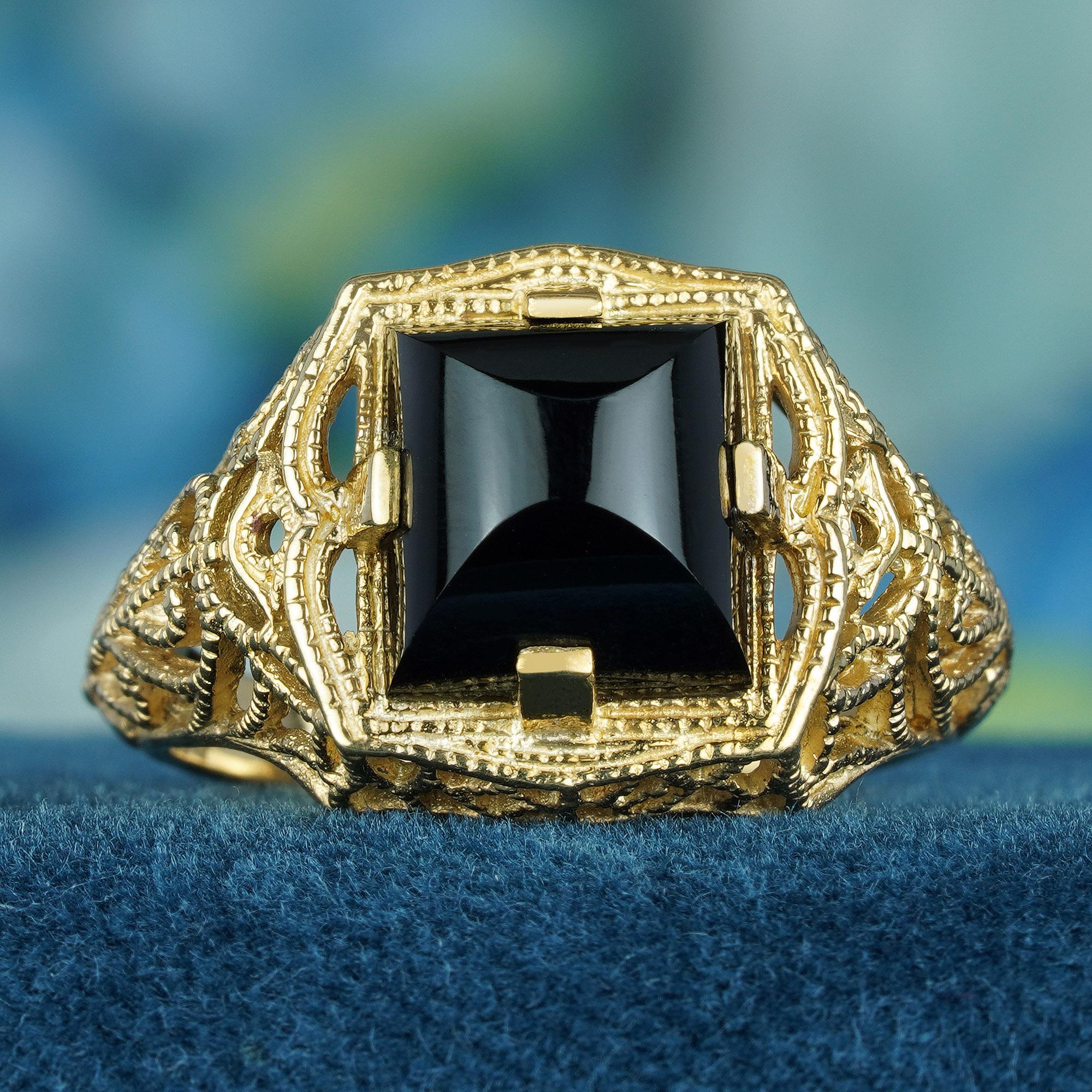 Edwardian Natural Square Onyx Vintage Style Filigree Ring in Solid 9K Yellow Gold For Sale