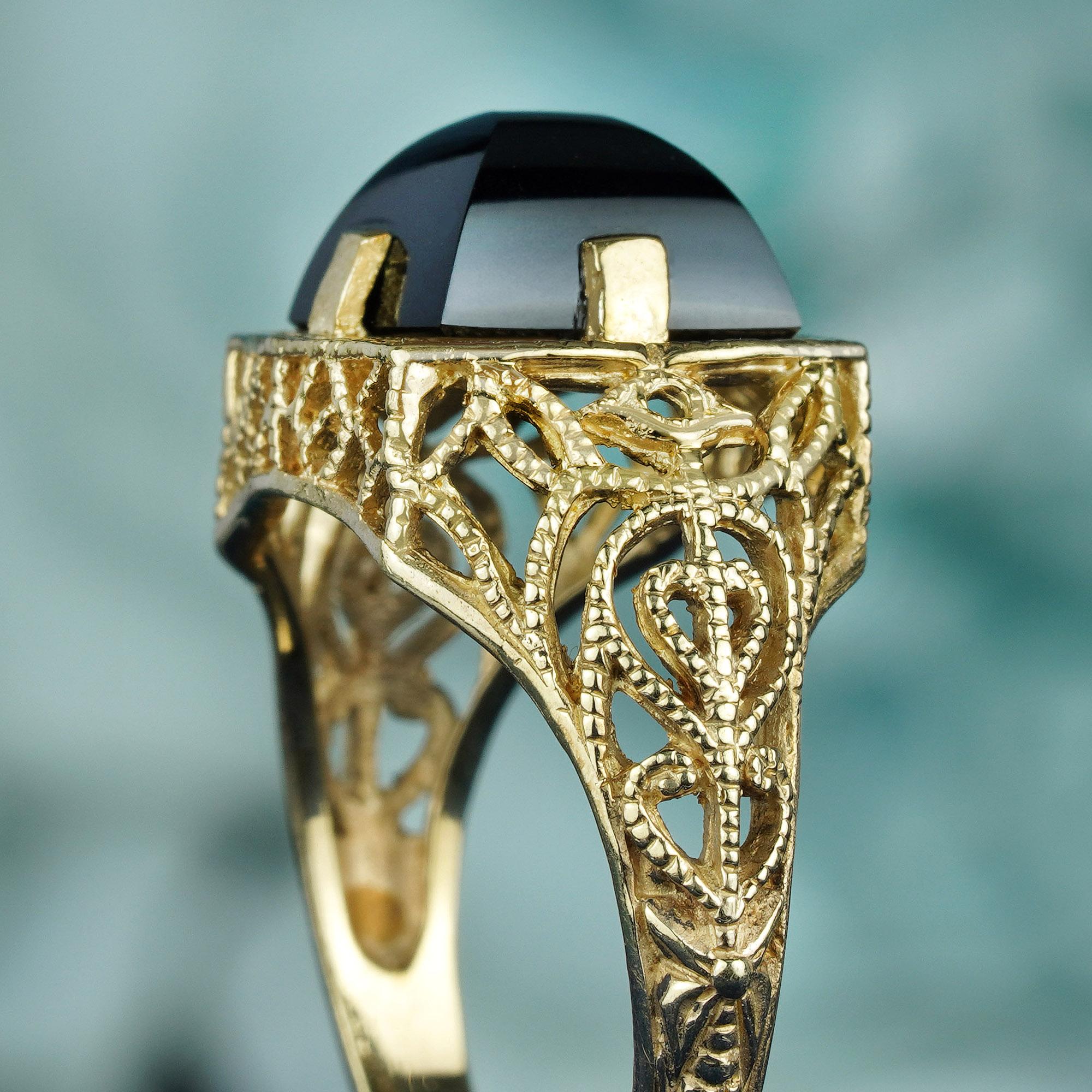 Women's Natural Square Onyx Vintage Style Filigree Ring in Solid 9K Yellow Gold For Sale