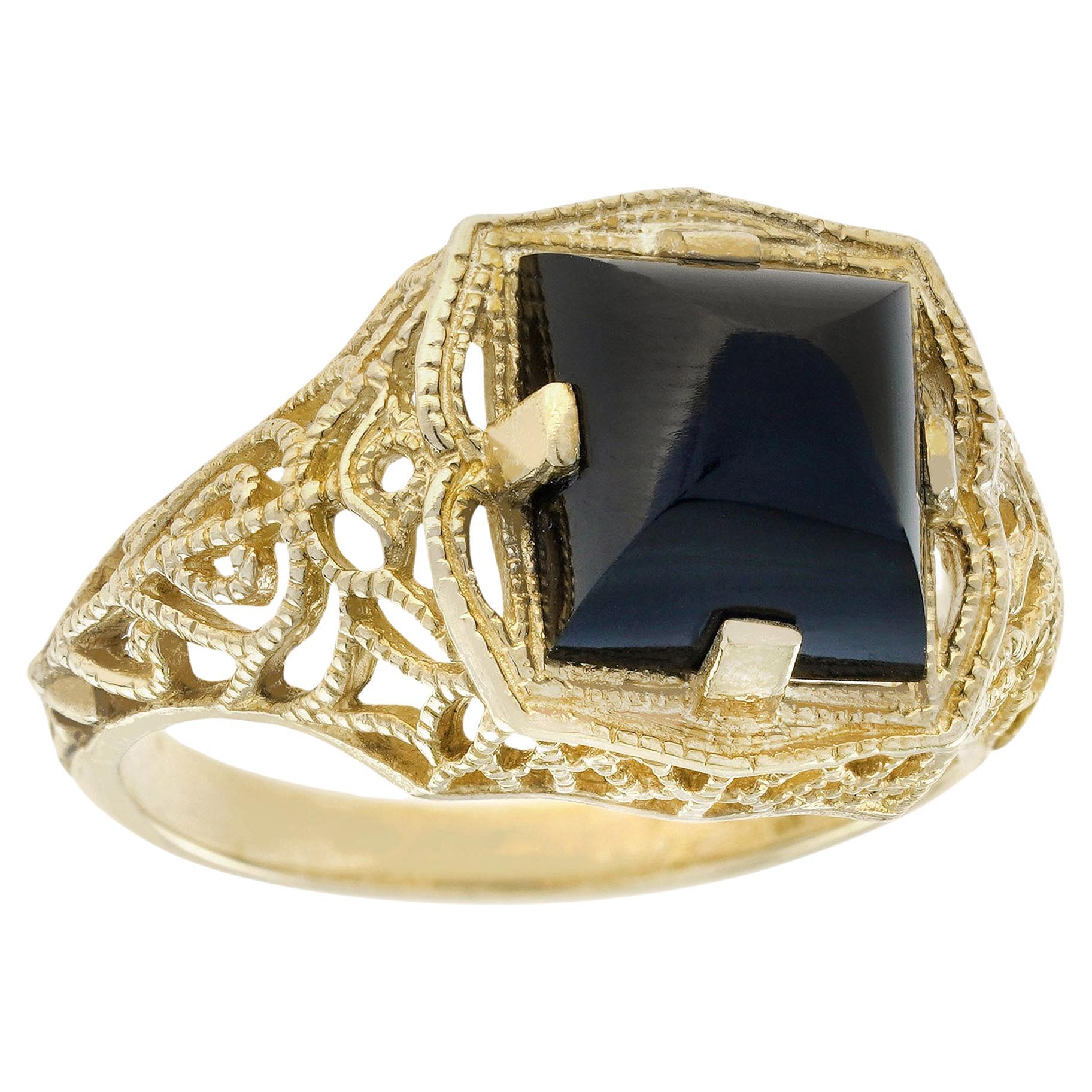 Natural Square Onyx Vintage Style Filigree Ring in Solid 9K Yellow Gold