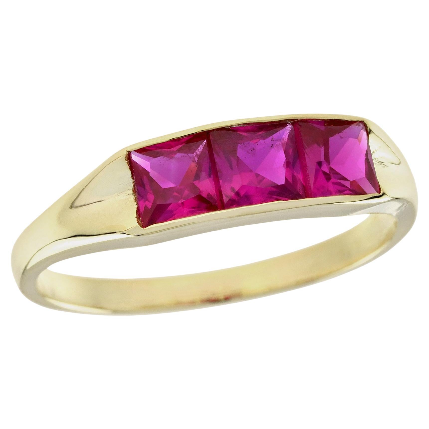 Natural Square Ruby Vintage Style Three Stone Ring in Solid 9K Yellow Gold