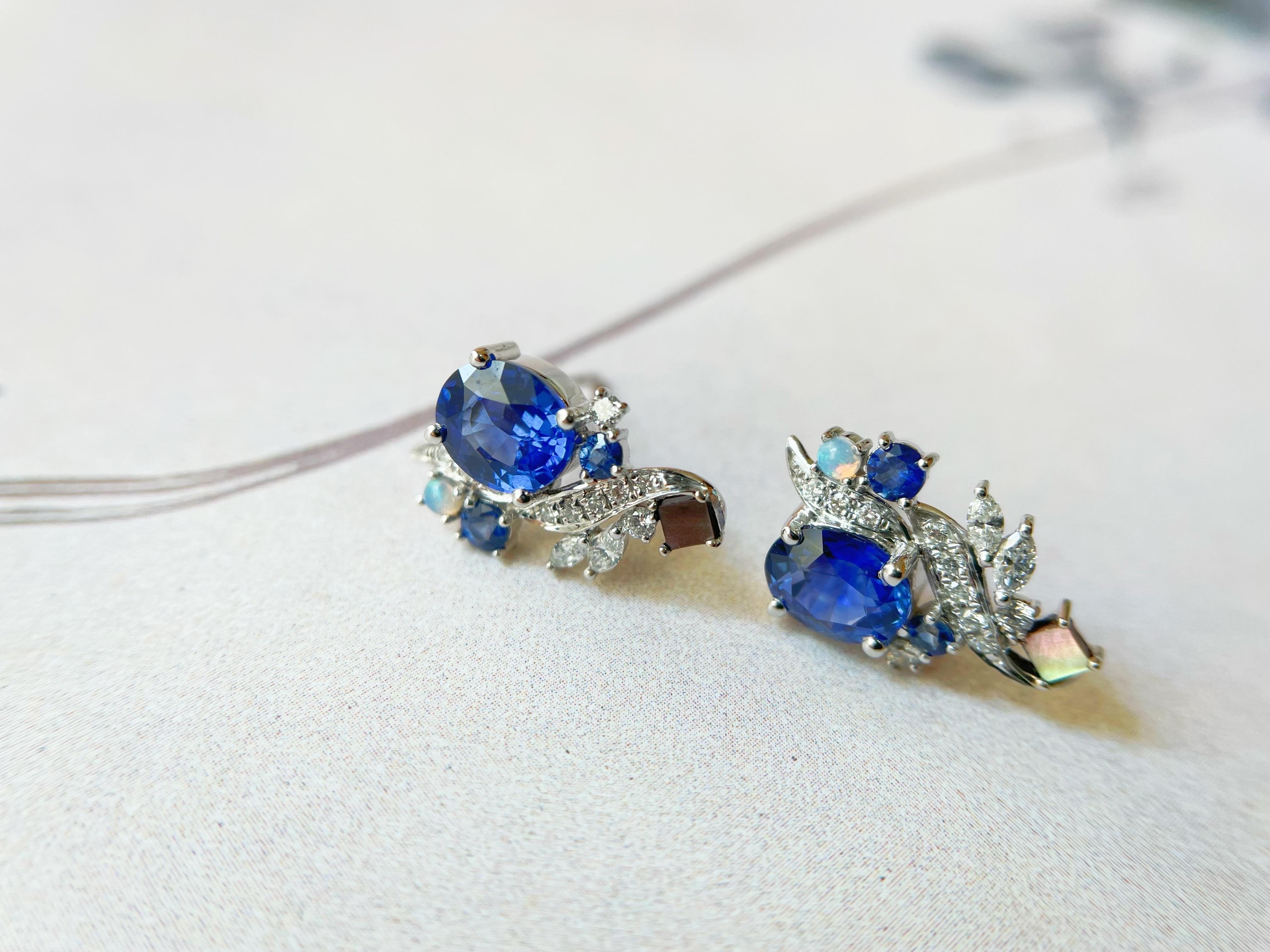 Natural Sri Lanka Royal Blue Sapphire Earrings in 18k White Gold, Opal, Pearl For Sale 4