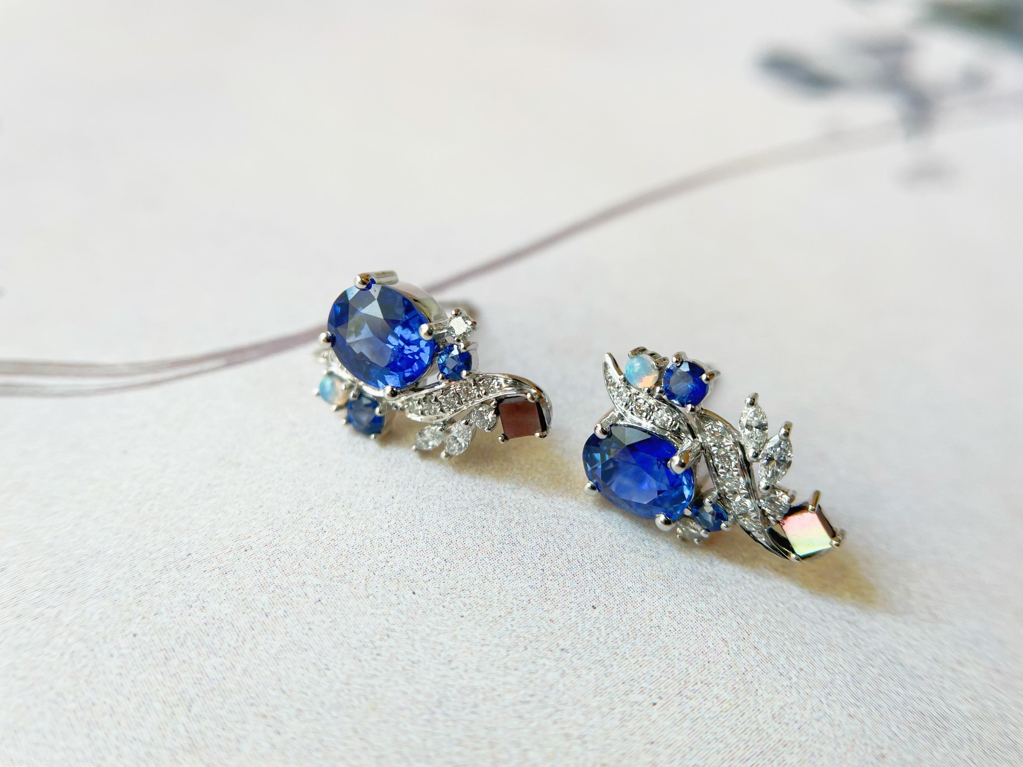 Natural Sri Lanka Royal Blue Sapphire Earrings in 18k White Gold, Opal, Pearl For Sale 5