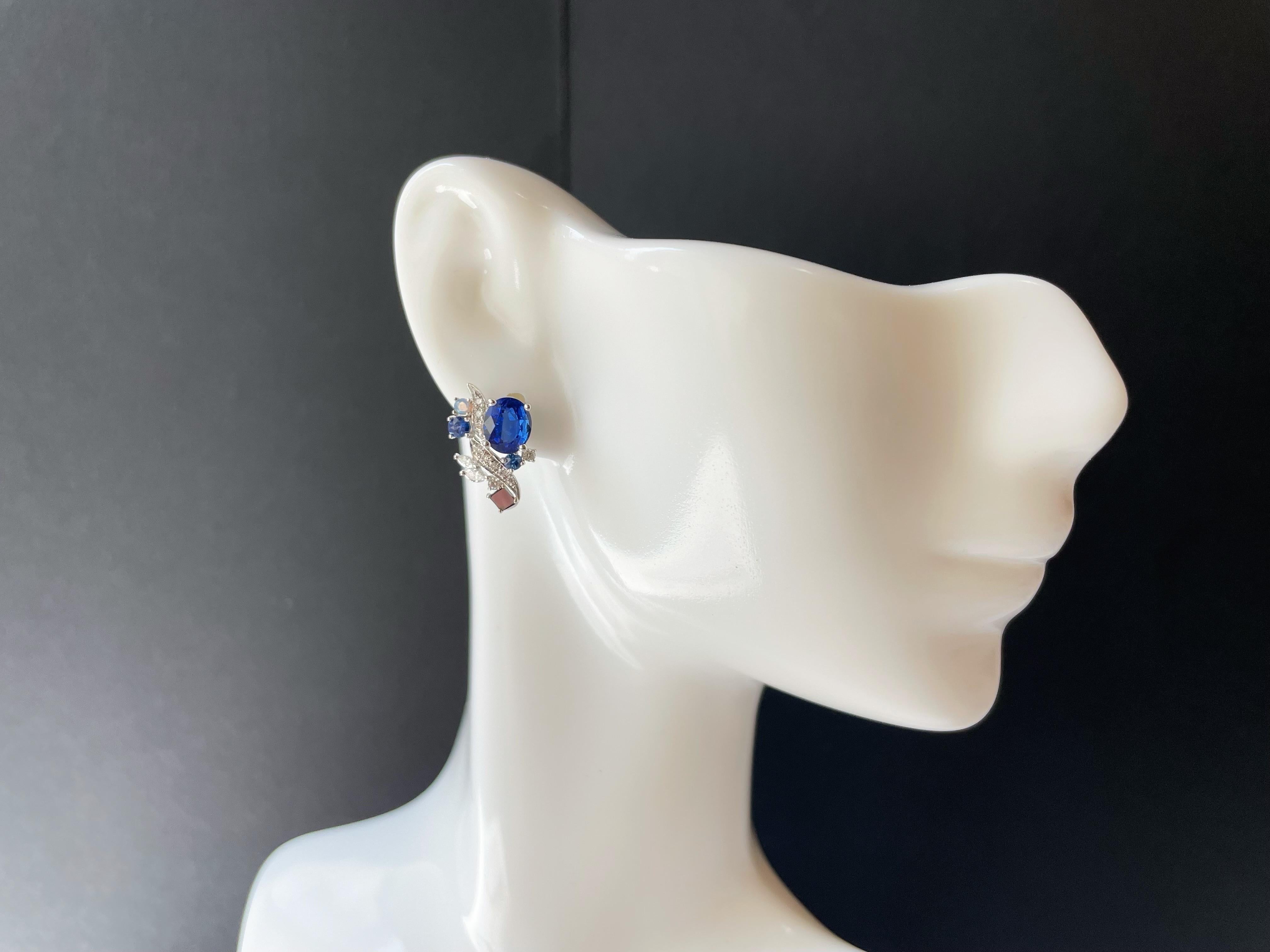Natural Sri Lanka Royal Blue Sapphire Earrings in 18k White Gold, Opal, Pearl For Sale 7