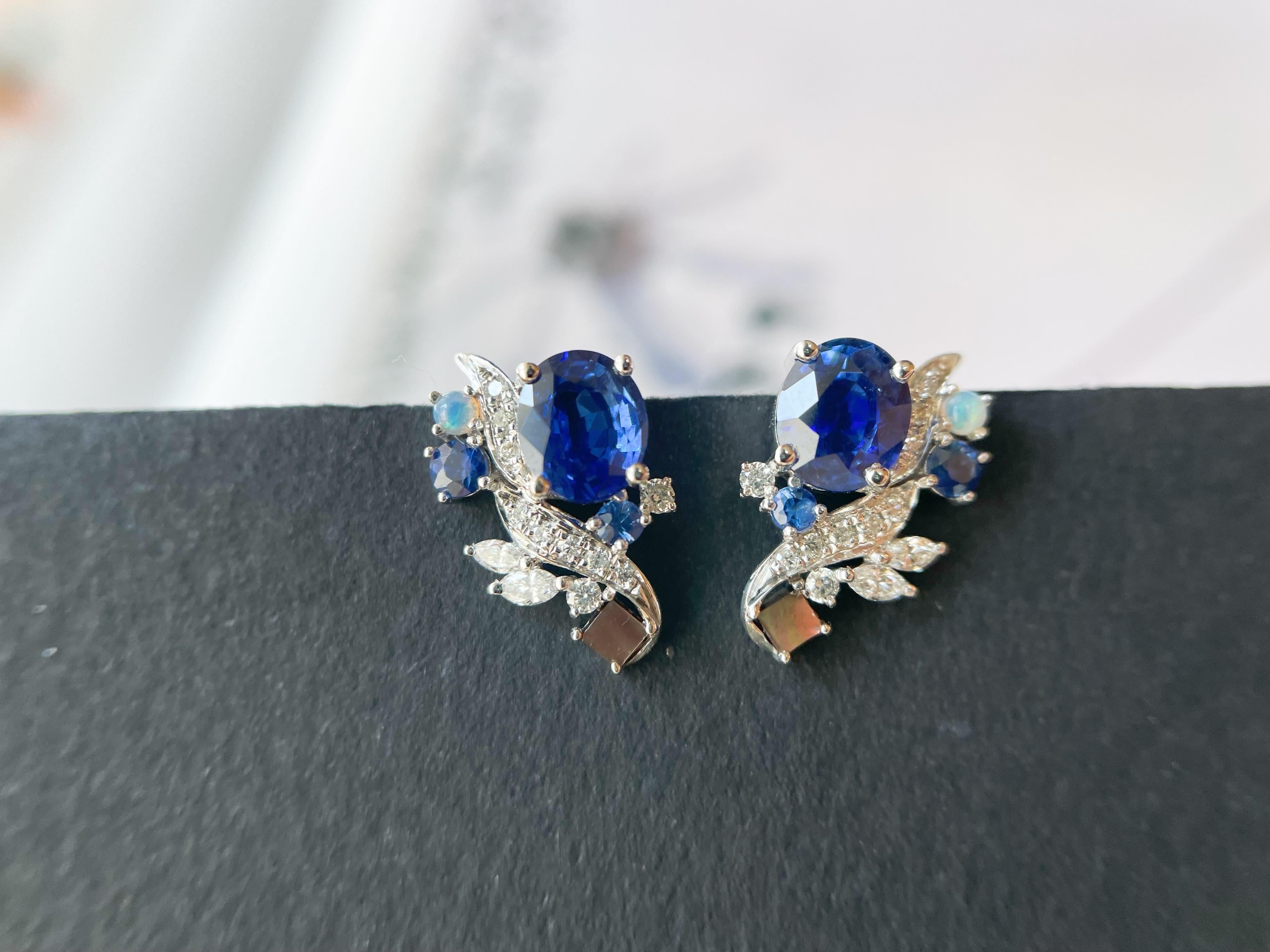 Modern Natural Sri Lanka Royal Blue Sapphire Earrings in 18k White Gold, Opal, Pearl For Sale