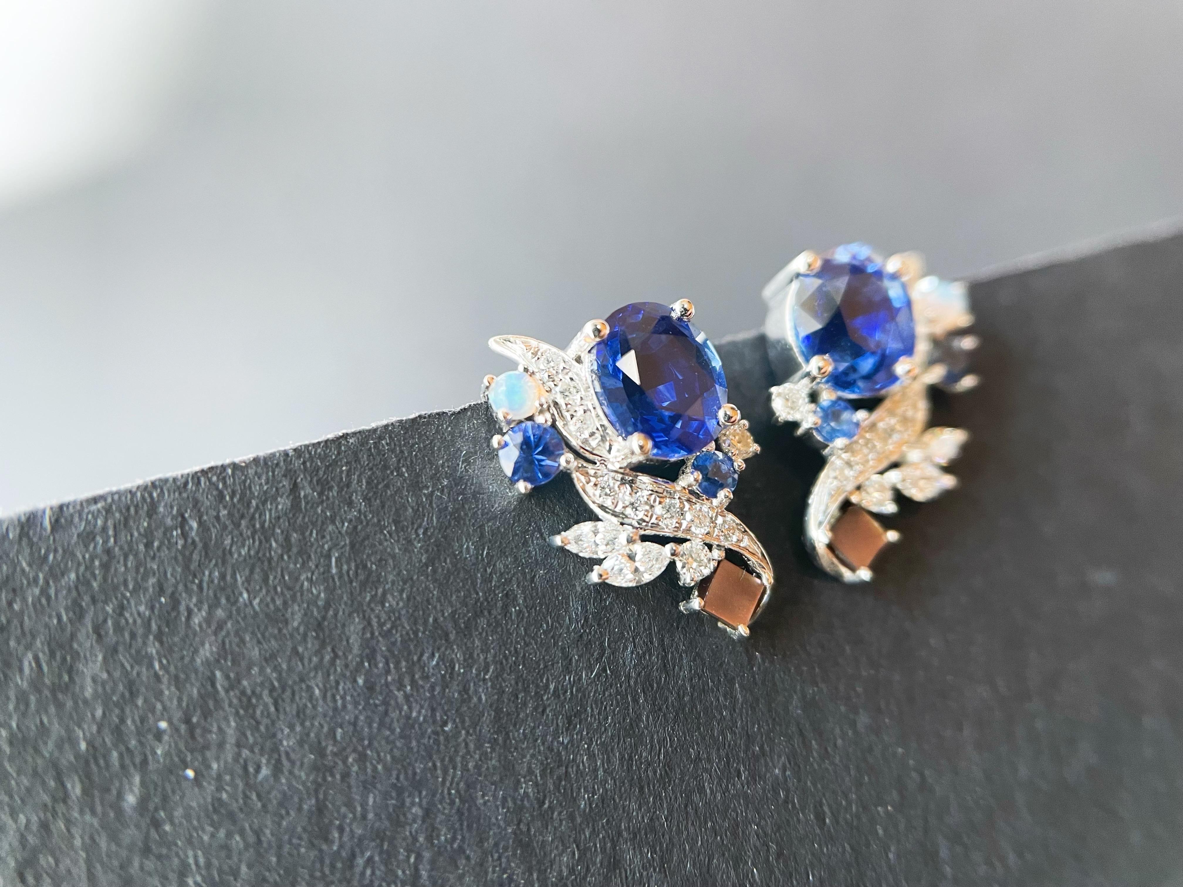 Women's or Men's Natural Sri Lanka Royal Blue Sapphire Earrings in 18k White Gold, Opal, Pearl For Sale