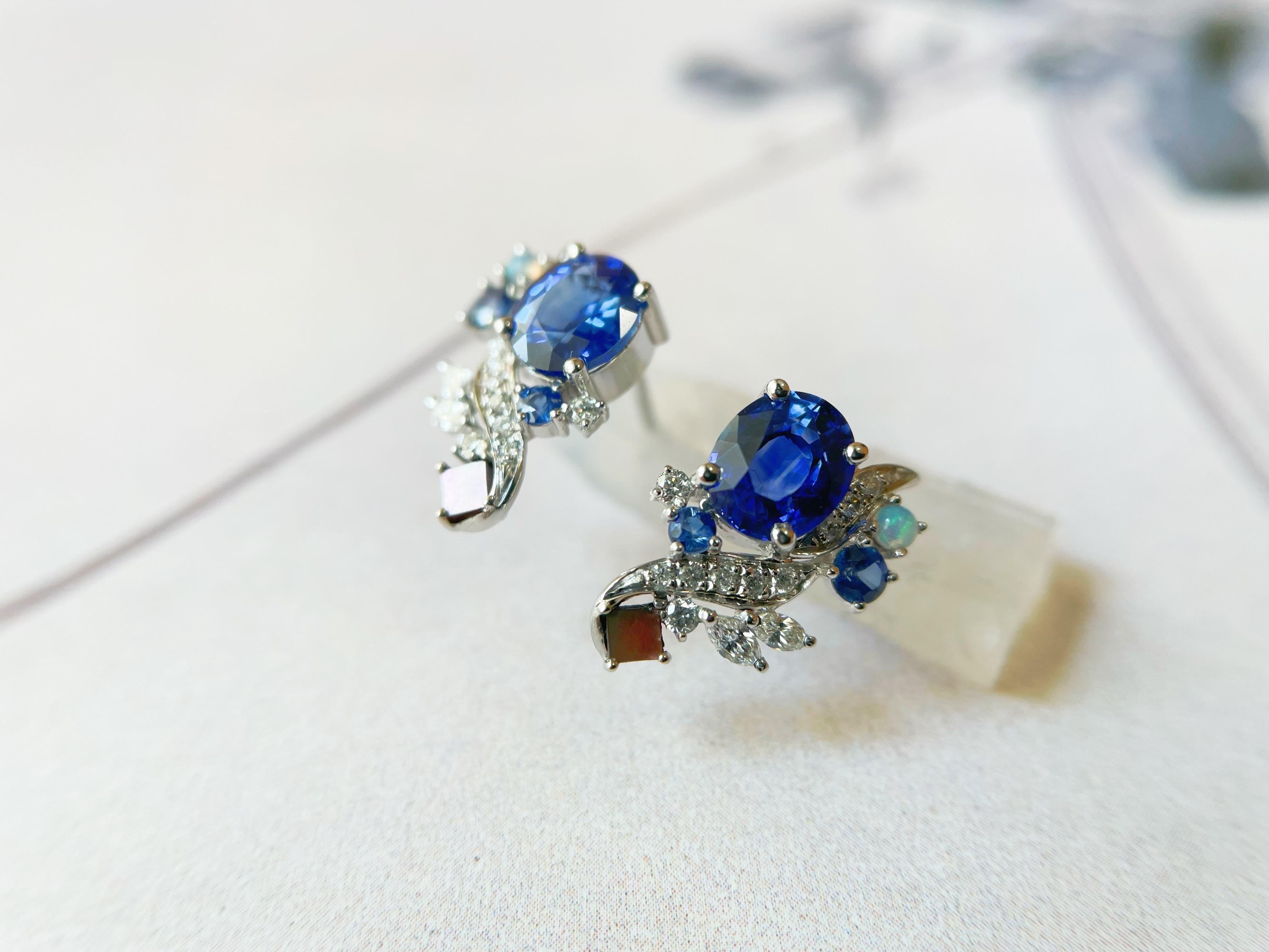 Natural Sri Lanka Royal Blue Sapphire Earrings in 18k White Gold, Opal, Pearl For Sale 1