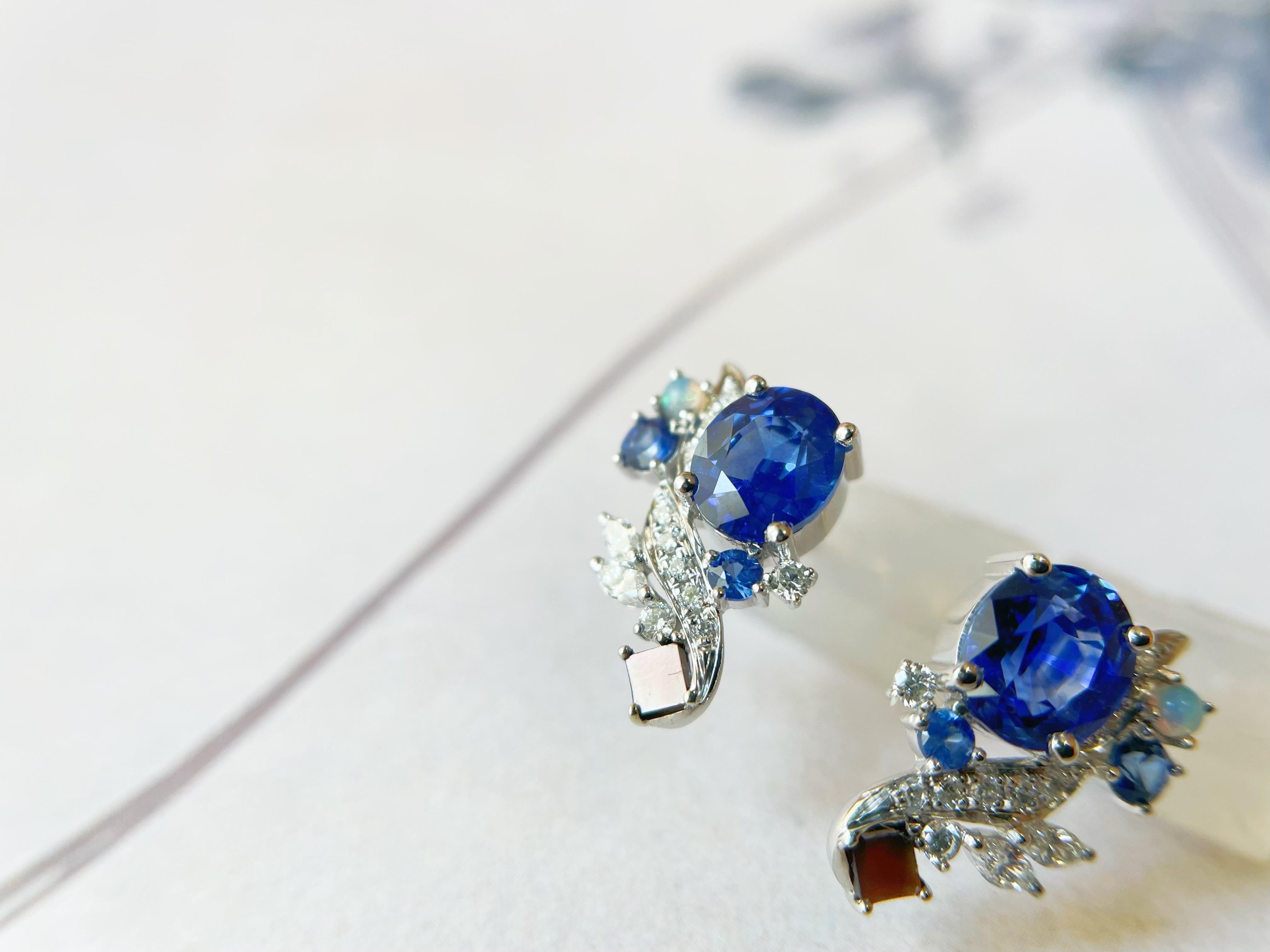 Natural Sri Lanka Royal Blue Sapphire Earrings in 18k White Gold, Opal, Pearl For Sale 2
