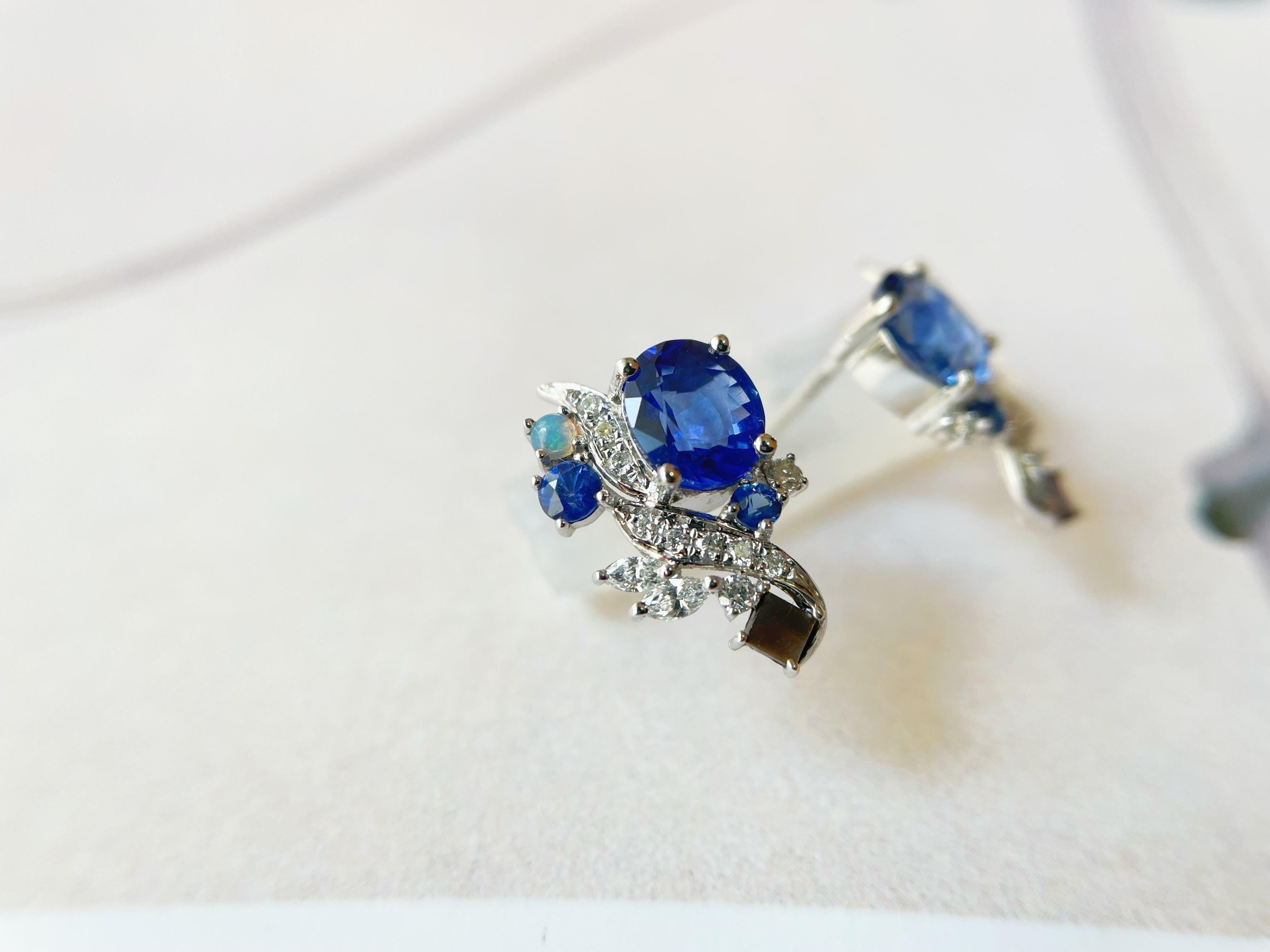 Natural Sri Lanka Royal Blue Sapphire Earrings in 18k White Gold, Opal, Pearl For Sale 3