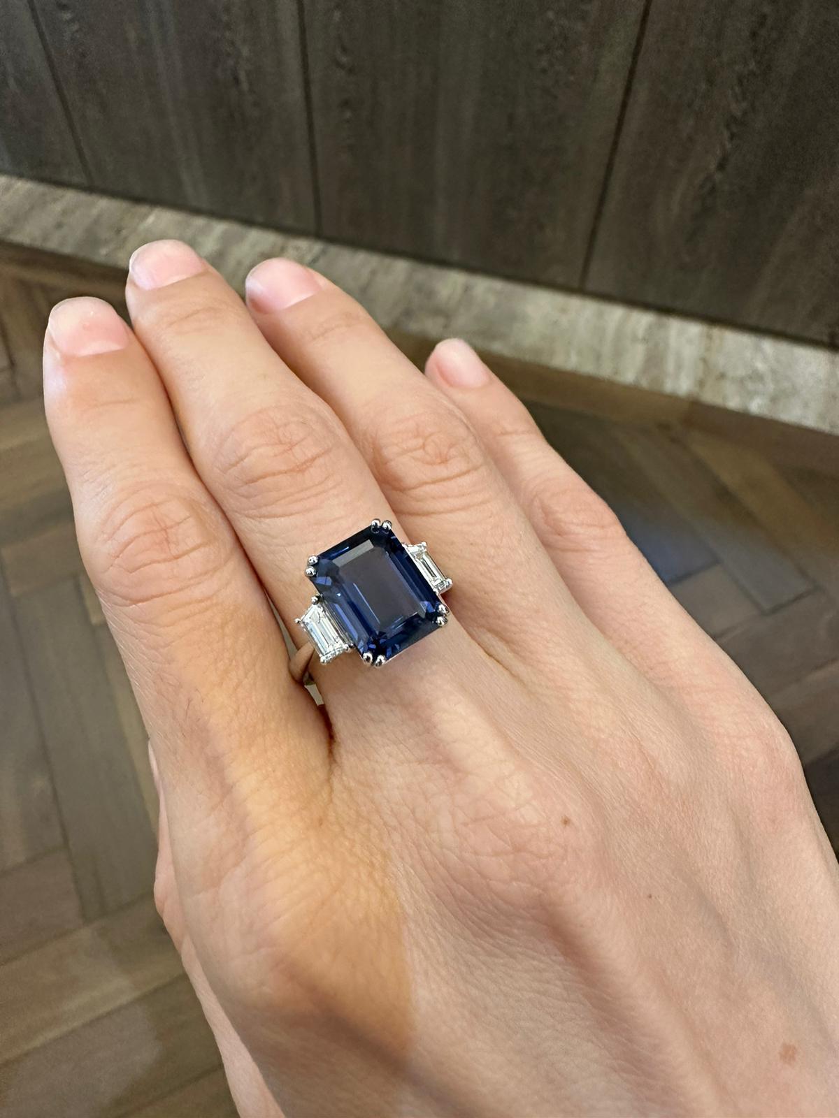 Natural Sri Lankan Greyish Blue Spinel Octagon Diamond Engagement Ring For Sale 10